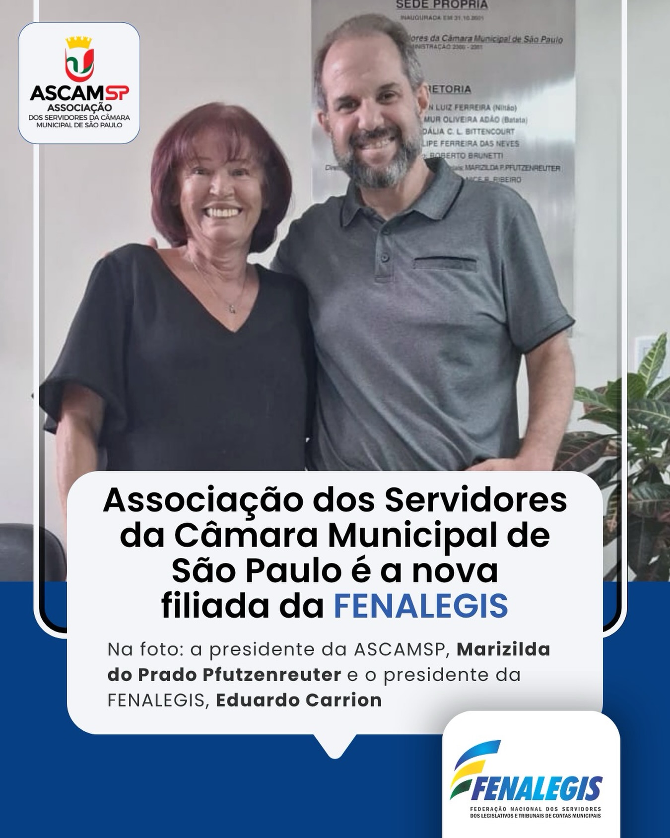 No mês de março de 2026, a FENALEGIS celebrou a chegada da mais nova filiada: a ASCAM SP - Associação dos Servidores da Câmara Municipal de São Paulo.
No ato da filiação, a presidente Marizilda do Prado Pfutzenreuter também fechou um convênio com a Fenalegis colocando à disposição dos filiados da Federação a possibilidade de uso das Colônias de Férias da ASCAMSP, localizadas em Campos do Jordão (SP) e Ubatuba (SP), com condições muito especiais.
Acreditamos na integração e na participação de todos na defesa dos servidores dos Legislativos Municipais e na manutenção de um serviço público de qualidade!
.
.
#fenalegis #ascam #legislativomunicipal #cmsp #sp