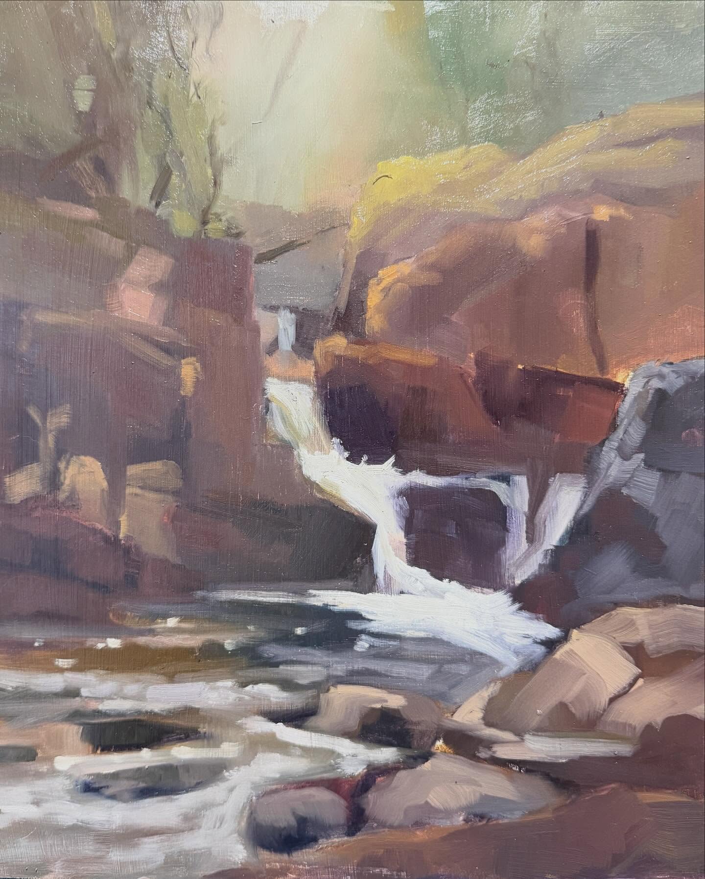 I am in North Wales with a group of hardy plein air painters . Last year’s trip was very wet and windy. It transpires that this may be a recurring theme 😬😬😬
Yesterday I painted this waterfall, using new colours and skills I have tried to hone over the last year . TBH I was feeling quite pleased with myself, but if you swipe through the pics you will come across the sketch I painted at the same spot last year- ….. part of me wonders if there are aspects of the quick sketch that are better than this years masterpiece?!?!?
Last pic is me by the falls- in case you were in any doubt that painting outside , regardless of weather, is my happy place
#paintingforfun #happypainting #outsideart #cadairidris
