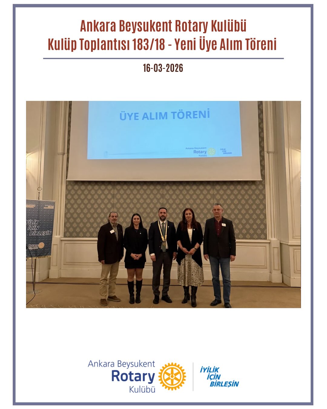 16 Mart’ta gerçekleştirdiğimiz kulübümüzün 183., iyilik için birleştiğimiz dönemimizin 18. toplantısında 3. Kulüp Asamblemizi gerçekleştirdik. Dönemin başından itibaren yaptığımız projeleri ve komite performanslarını aktardığımız asamblede dönem sonuna kadar yapacağımız projelerimizi de paylaştık. Asamble’nin ardından iki yeni üyemiz, Üye Alım Töreni ile kulübümüze katıldı. Aramıza hoş geldiniz Rtn. Rtc. İlayda Temel ve Rtn. Özlem Varol Güneş.
——————
At our club’s 183rd meeting, held on March 16, and the 18th meeting of our term where we come together for kindness, we conducted our 3rd Club Assembly.
During the assembly, we reviewed the projects we have carried out since the beginning of the term and shared updates on committee performances. We also presented our upcoming projects planned until the end of the term.
Following the assembly, we were delighted to welcome two new members to our club through the Membership Induction Ceremony. Welcome to our Rotary family, Rtn. Rtc. İlayda Temel and Rtn. Özlem Varol Güneş.
#iyilikiçinbirleşin #Uniteforgood #Bölge2430 #Rotary #RotaryBölge2430