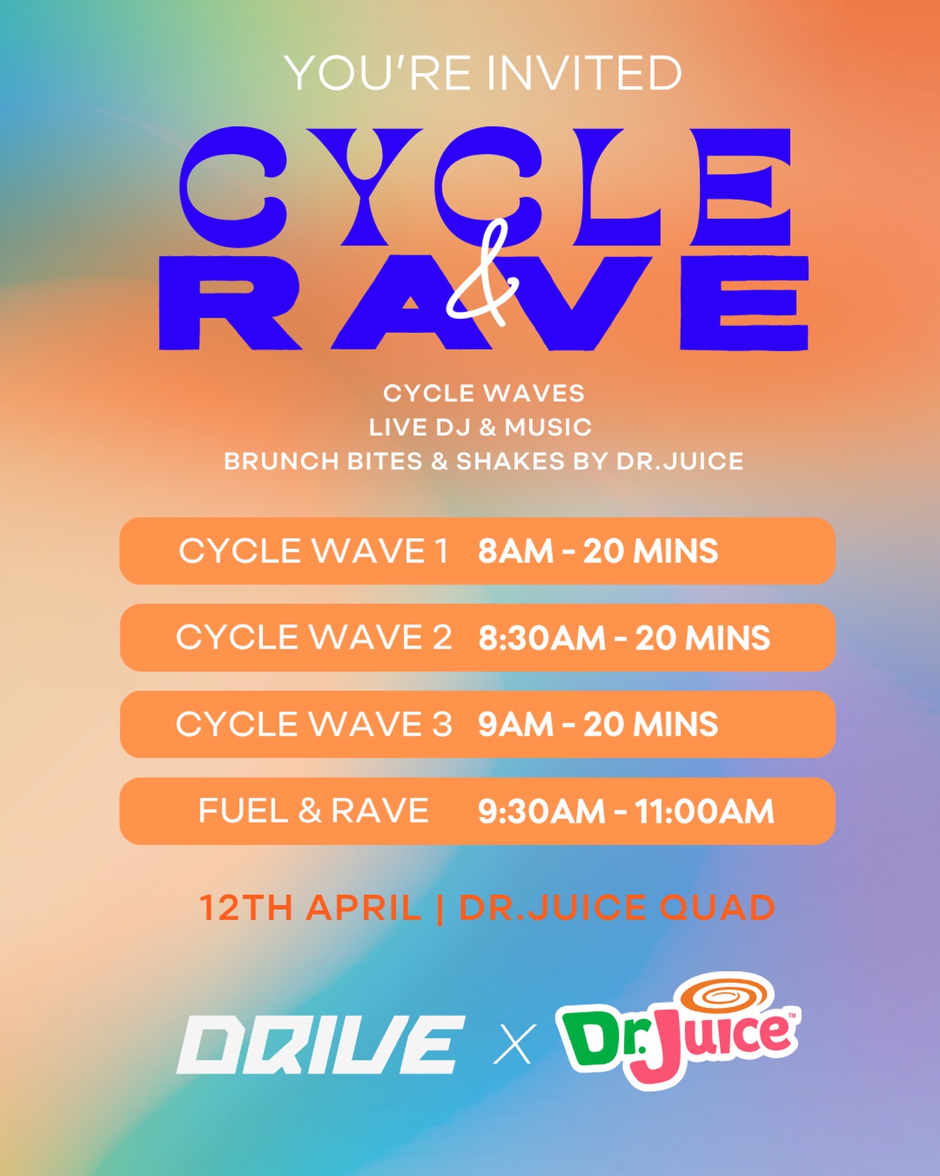 Join us Sunday 12th April for a one-day-only bike takeover at Dr. Juice Quad 🚴♀️ We’re taking the bikes out of the studio and into a full pop-up ride + rave experience… and you do not want to miss this 🔥
Here’s the vibe:
✨ Everything kicks off at 8AM- come enjoy live DJ, Dr. Juice brunch bites & smoothies, cycle and good vibes all morning
✨ 3 x 20-min cycle waves with Zara & Annabel
✨ The rave runs 8-11AM - no bike needed to join the energy 🎶
✨ Didn’t get a bike slot? You can still pull up and be part of the rave 8–11AM 🎶🍓
✨ Expect surprises 👀
⚠️ How it works:
– RSVP by booking your spot for Fuel & Rave
– Riding? Book your wave
– Want both? Book both! 🔥
Check your email 📧 for the booking links 💥
🎟 Bookings:
– NOW OPEN for UNLIMITED (All-Access, Train & Cycle)
– PACK holders go live Monday 30th March