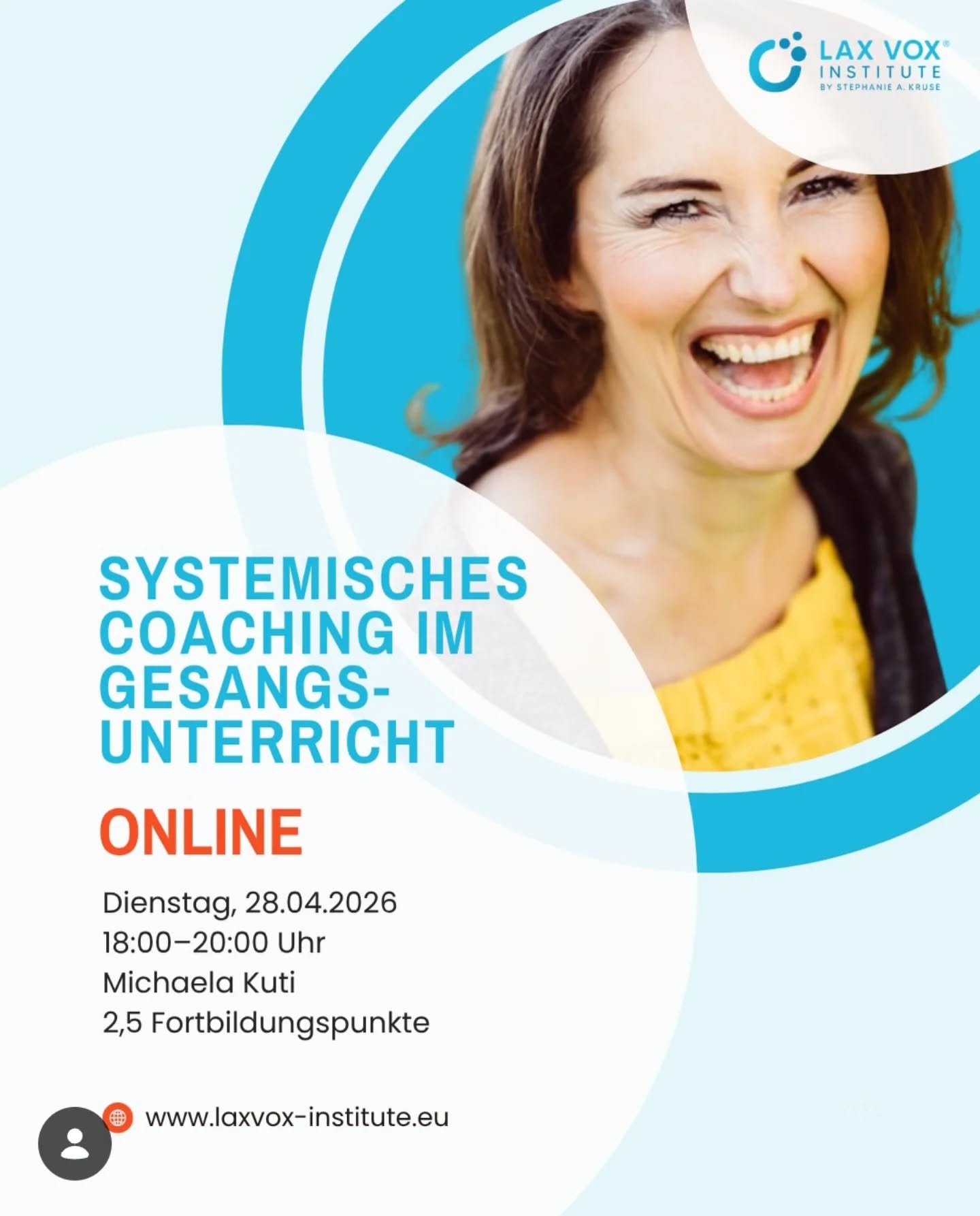 SYSTEMISCHES COACHING
im Gesangsunterricht
Mein neuer Online Workshop
Das erste Mal am LAX VOX® INSTITUTE
Di, 28.04.26
18.00 - 20.00 Uhr
€ 66,-
(Wenn du bis morgen buchst, bekommst du 10% Rabatt mit dem Code: OSTERN10)
Für wen ist dieser Workshop gedacht?
Für alle Stimmprofis (Gesangslehrer:innen, Vocal Coaches, Logopäd:innen, Stimmtherapeut:innen) und Coaches, die mit Menschen und Stimmen arbeiten
Für alle, die nicht nur besser unterrichten sondern wirksamer begleiten wollen.
Für alle diejenigen, die merken, dass man in der Arbeit mit Menschen mehr benötigt, als Methoden oder Techniken.
Für diejenigen, die sich schon immer gefragt haben, was dieses "systemisch" eigentlich meint.
Und für all diejenigen, die spüren: da geht noch mehr in meiner Arbeit mit meinen Coachees - mehr Tiefe, mehr Miteinander, mehr Verständnis, mehr Selbstwirksamkeit.
Interessiert?
Dann melde dich schnell an.
Ich freu mich riesig auf dich!
Liebe Grüße,
Michaela
#systemicvoice #systemischescoaching #laxvox_official #laxvoxinstitute #michaelakuti
@laxvox_official
@systemic.voice