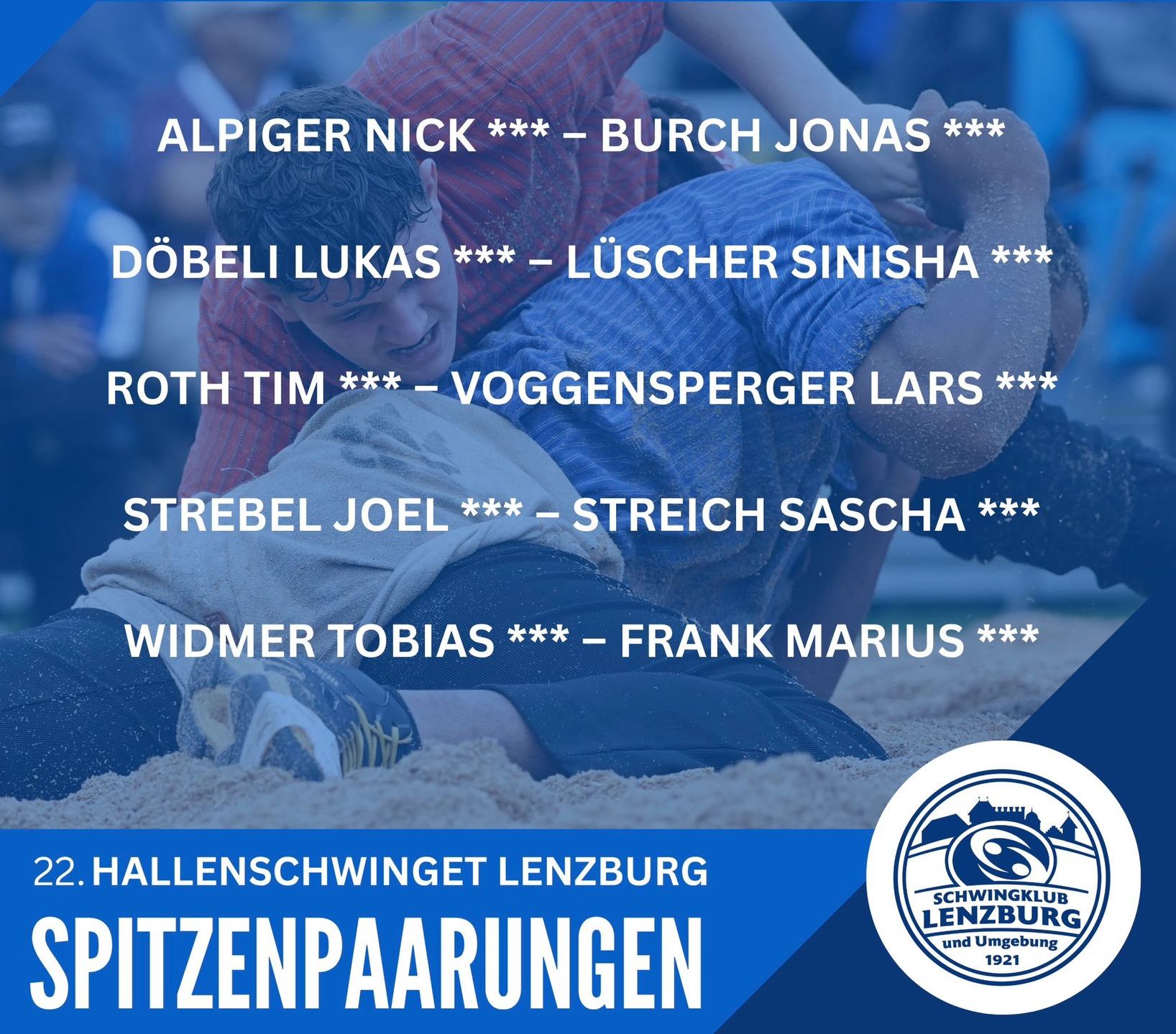 Hallen Schwinget Lenzburg 2026 💪🔥
10 Eidgenossen am Start – ein hochkarätiges Teilnehmerfeld!
Wir freuen uns riesig auf unser Hallenschwingfest und blicken voller Vorfreude auf spannende Gänge 🤼♂️
Danke für die zahlreichen Anmeldungen – das wird ein Fest!
Seid auch ihr dabei dieses Wochenende in der Mehrzweckhalle Lenzburg!
#schwingen #schwingfest #schweiz #schwinger #switzerland