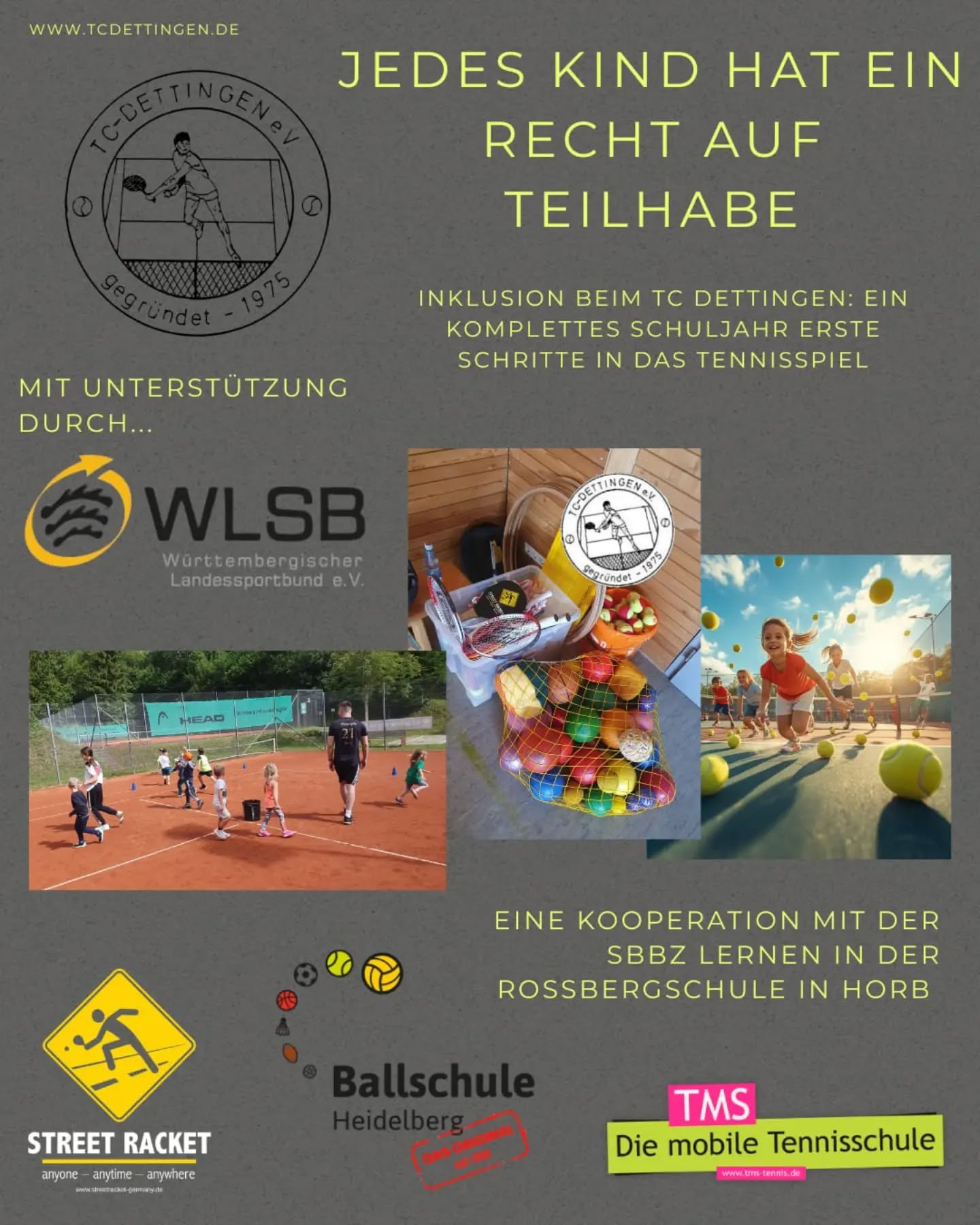 Jedes Kind hat ein Recht auf Teilhabe. Mit einem wöchentlichen Inklusionsprojekt mit dem SBBZ Lernen der Rossbergschule hat der TC zum Beginn des Schuljahres seine Bewegungsprojekte erweitert. Mit Elementen aus der @ballschule_heidelberg, @street_racket acket und Kindertennis. Begleitet wird das Projekt von ausgebildeten Fachkräften. Unterstützt wird die Maßnahme vom württembergischen Landessportbund. #Inklusion #wlsb #wtbtennis #tcdettingen_horb #Kinderrechte