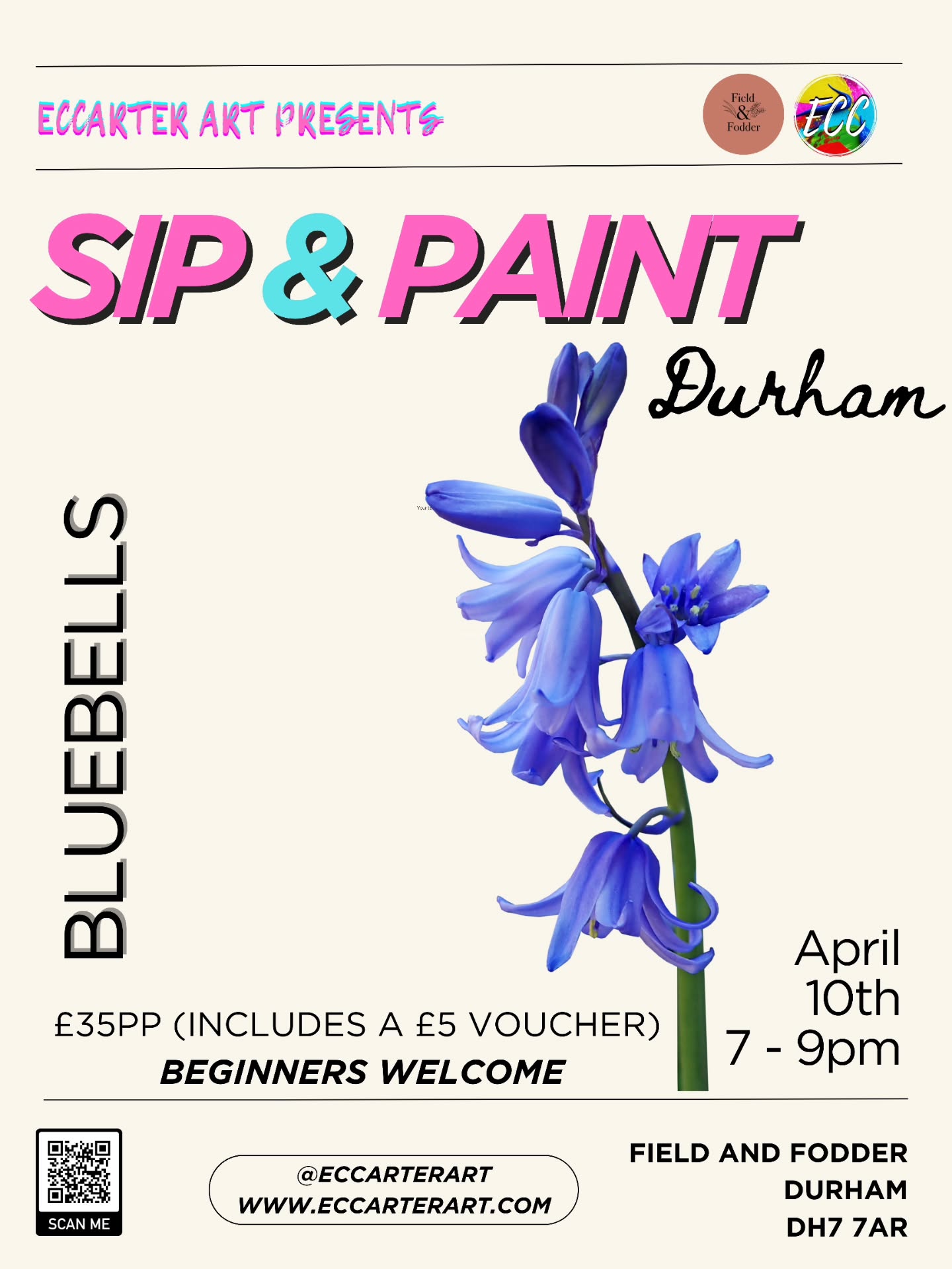 🎨NEW April Sip & Paint - Durham🎨
Step in to spring and paint some Bluebell flowers with me!
Don 't worry if you haven't painted since school - I'm here to help you every step of the way!
Friday 10th April 2026 at pm @fieldandfodderdurham
Come and join me for a safe, no pressure painting evening and enjoy FIELD AND FODDERs amazing food and drinks!
🎨all materials
🎨£5 voucher for food and drink
🎨relaxing, safe environment
🎨learn new techniques!
Tickets £35:
https://tinyurl.com/4jmpasmx
#durham #sipandpaint #northeastsipandpaint #paintingclass #durhamart @strike_collective @jojorayofsunshinetarot