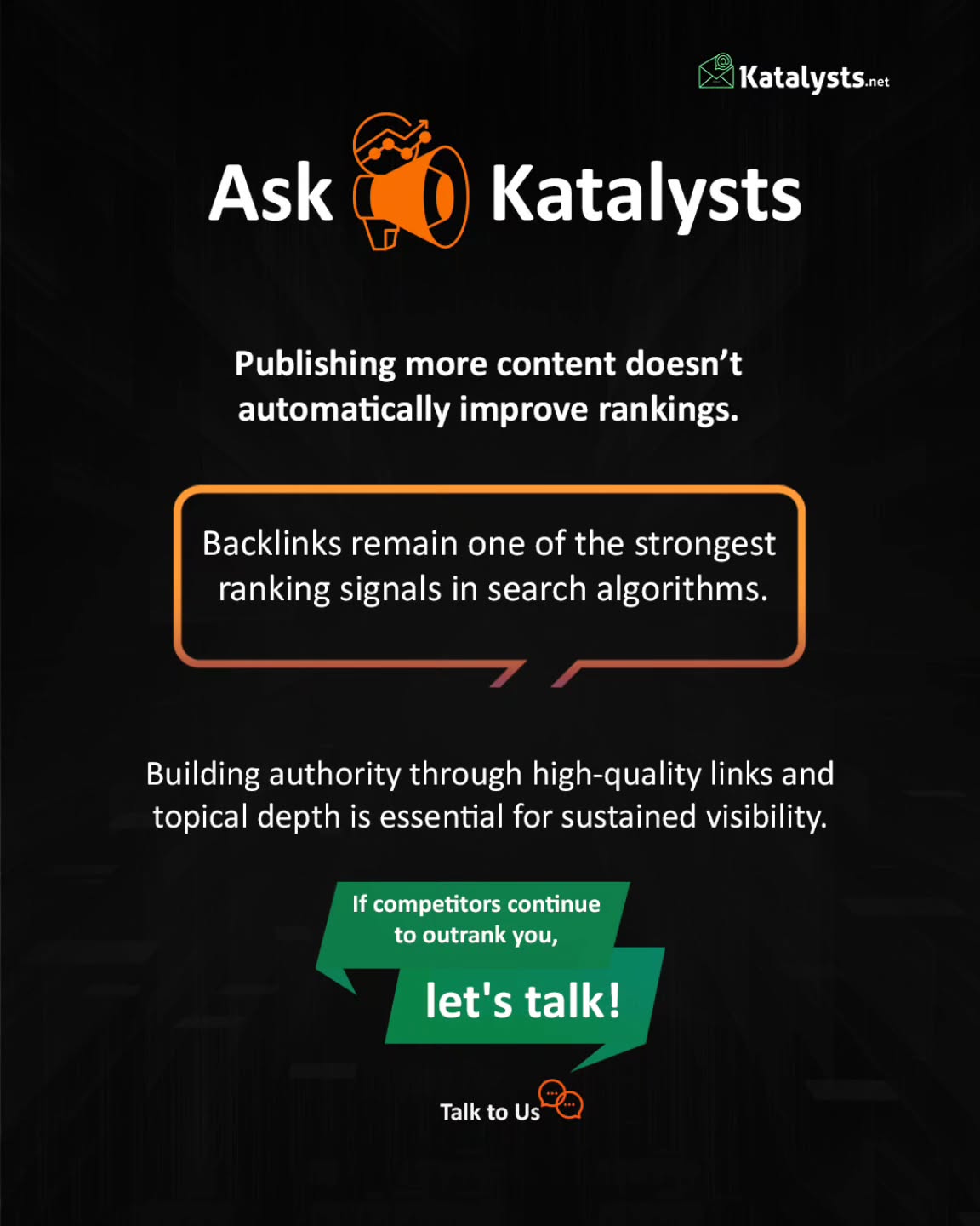 Publishing more content doesn’t guarantee better rankings.
Search rewards authority, not volume.
Backlinks remain one of the strongest signals but more importantly, they reflect credibility within your category.
If competitors continue to outrank you,
it’s worth asking if you are only producing content or building authority as well?
Let’s talk.
#leadership #tech #contentcreator #marketer #katalystsdigital