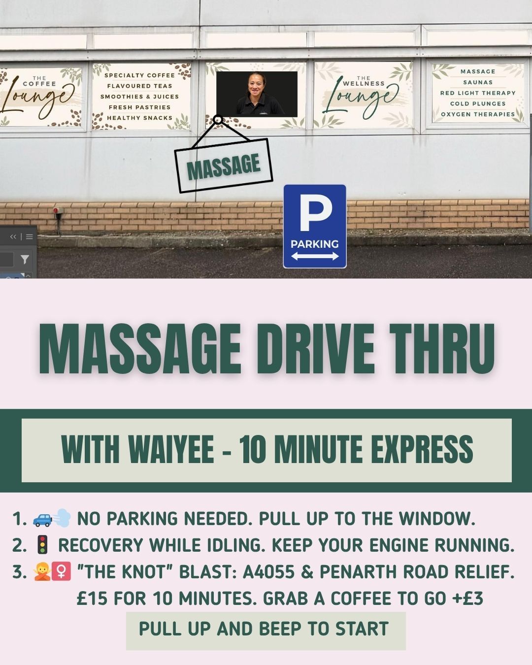 🚨 THE TRAFFIC IS RELENTLESS. YOUR RECOVERY SHOULD BE TOO. 🚨
Following the huge response to our Coffee Bath announcement this morning, we are thrilled to reveal the next phase of the Cardiff Wellness Lounge expansion: The Waiyee Drive-Thru Express Window. 🚙💨
Stuck in the Grangetown gridlock? Running late for a meeting but your neck is in knots? Just pull up to the new designated "Express Hatch" at Willcox House.
The Drive-Thru Menu:
⚡️ The "Knot" Blast: A 10-minute high-intensity percussion massage delivered directly through your driver-side window.
🚦 Red Light Relief: A rapid recovery session while you wait for the lights to change.
☕️ Pit-Stop Perk: Add a Specialty Coffee to go for just £3.
🚩 THE RULES OF THE ROAD:
No parking. No booking. Just pull up.
Hazard lights = "Go deeper on the traps."
PULL UP AND BEEP TO START. 🎺
Transform your commute into a spa day, one car at a time. See you at the window, Cardiff! 🧘♂️✨