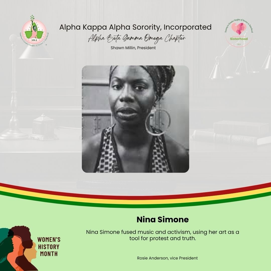 🌸 Women’s History Month Spotlight 🌸
Today we celebrate the legendary Nina Simone.
A classically trained pianist, powerful vocalist, and fearless activist, Nina Simone used her voice not only to entertain but to educate, challenge, and inspire change. Through songs like “Mississippi Goddam” and “To Be Young, Gifted and Black,” she turned music into a movement.
Her legacy reminds us that art can be both beautiful and bold and that using your voice for truth is one of the greatest acts of courage.
✨ Brilliant. Bold. Unapologetic.
#WomensHistoryMonth #AKA1908 #BlackExcellence #NinaSimone #WomenInMusic