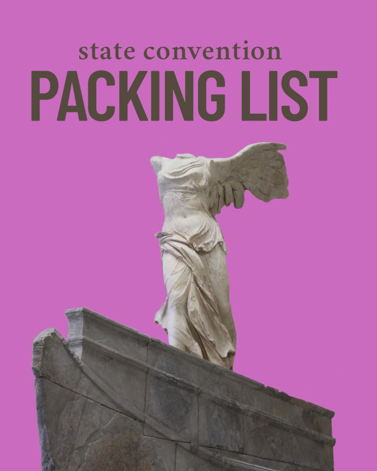 statecon is tomorrow! please refer to this list to double check and make sure you bring everything you need for convention! this list is just a recommendation so feel free to bring more or less than what’s included! see you soon 🎉🎉🎉