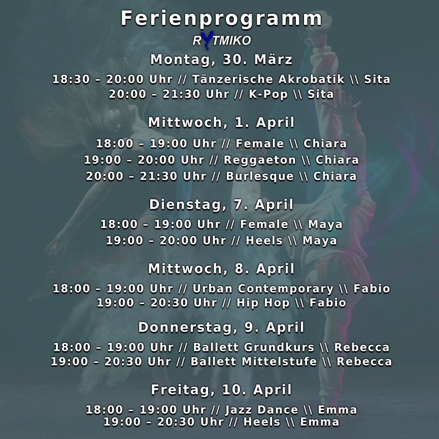 Hier ist unser Programm für die Osterferien.
.
Unser Programm ist wie immer, kostenlos für unsere Members ab 12 Jahren.
.
Externe können auch für 10 € (60 min) / 15€ (90 min) pro Kurs teilnehmen. Habt viel Spaß, ab 13.04. geht es bei uns wieder rund.
