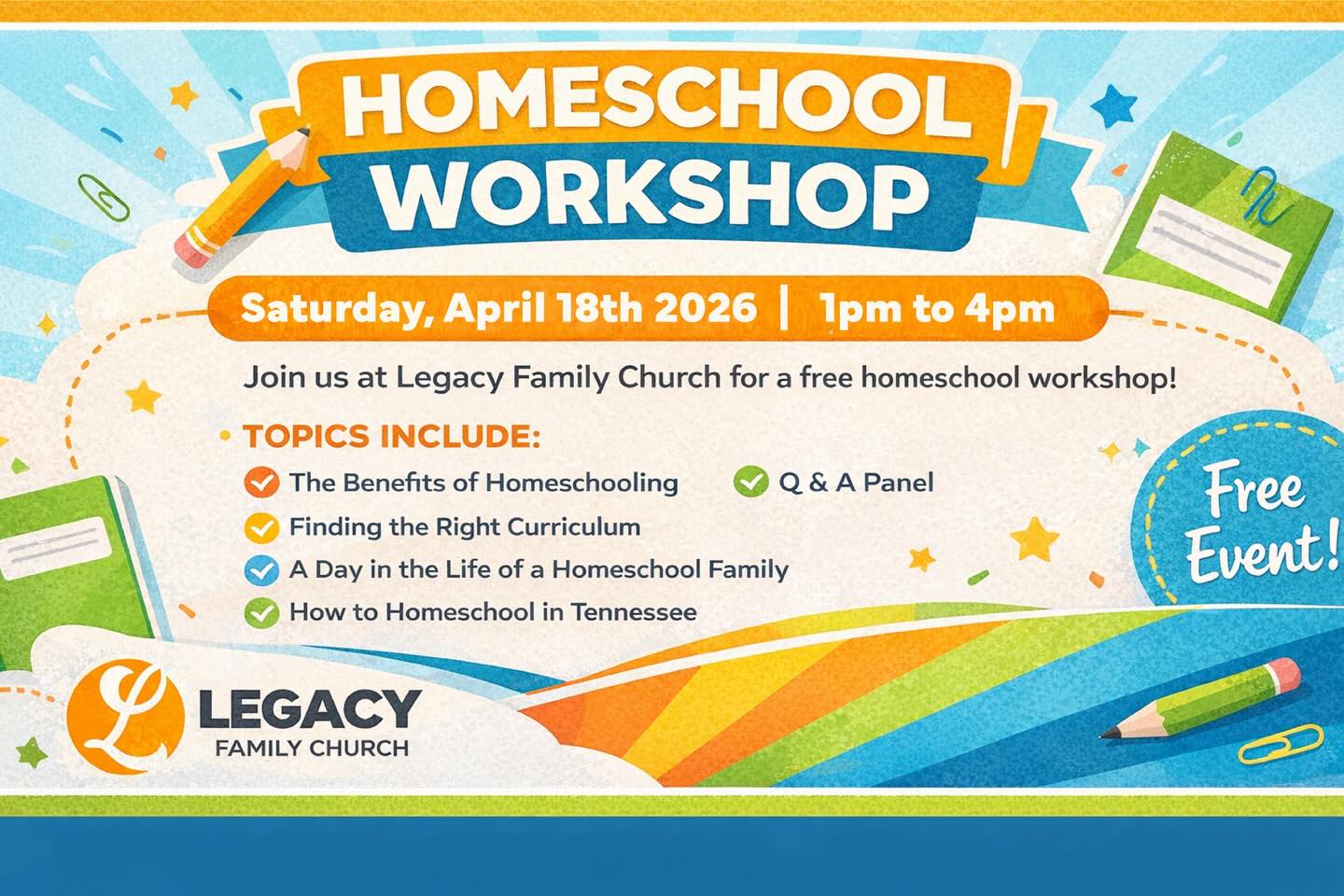 Some great info and resources gathering to help you with your homeschooling journey! Coming up in just a couple of weeks check out this workshop at Legacy Church!