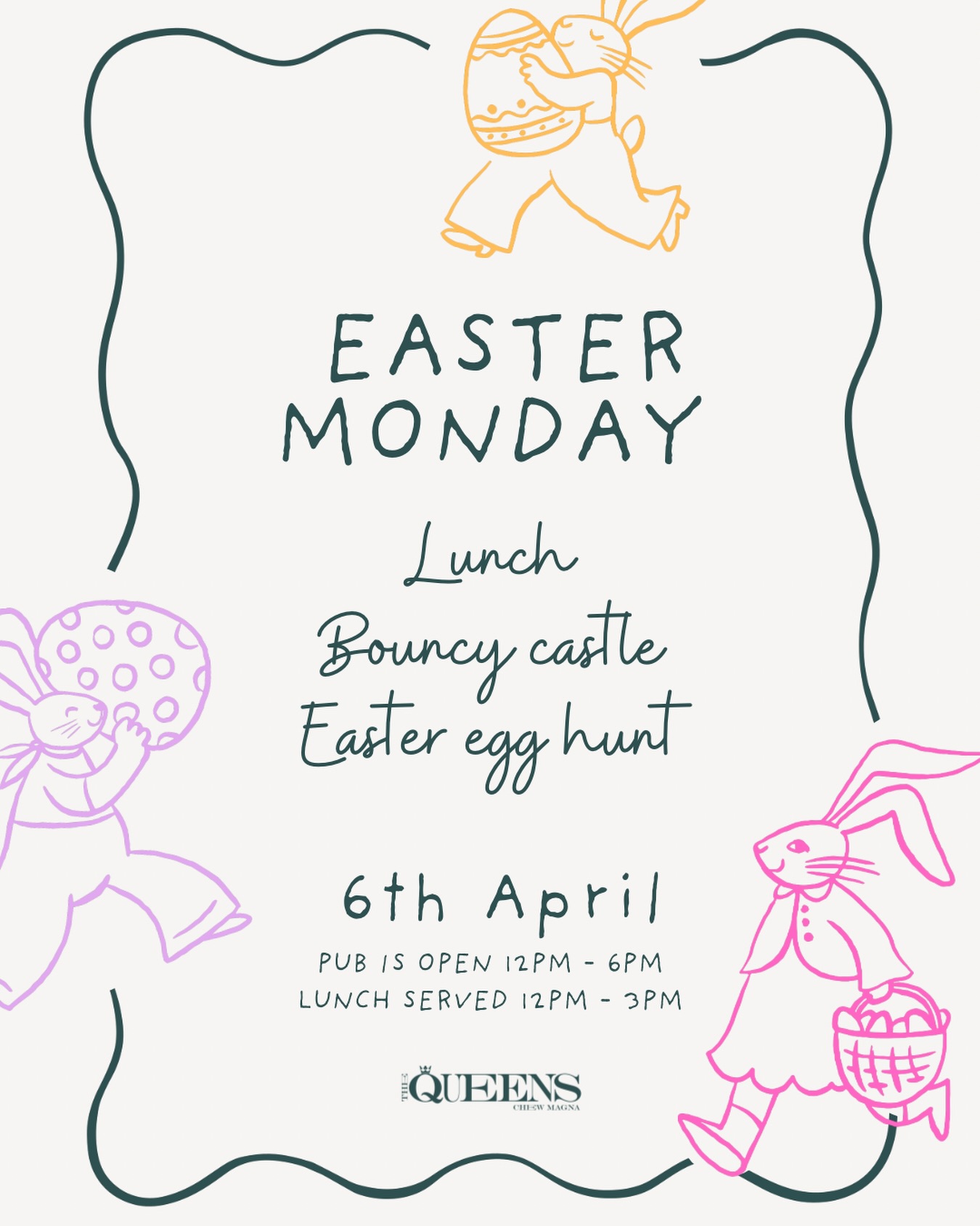 Make the most of the long weekend 🐣 Easter Monday at The Queens means lunch, bouncy castle fun and an Easter egg hunt for the little ones.