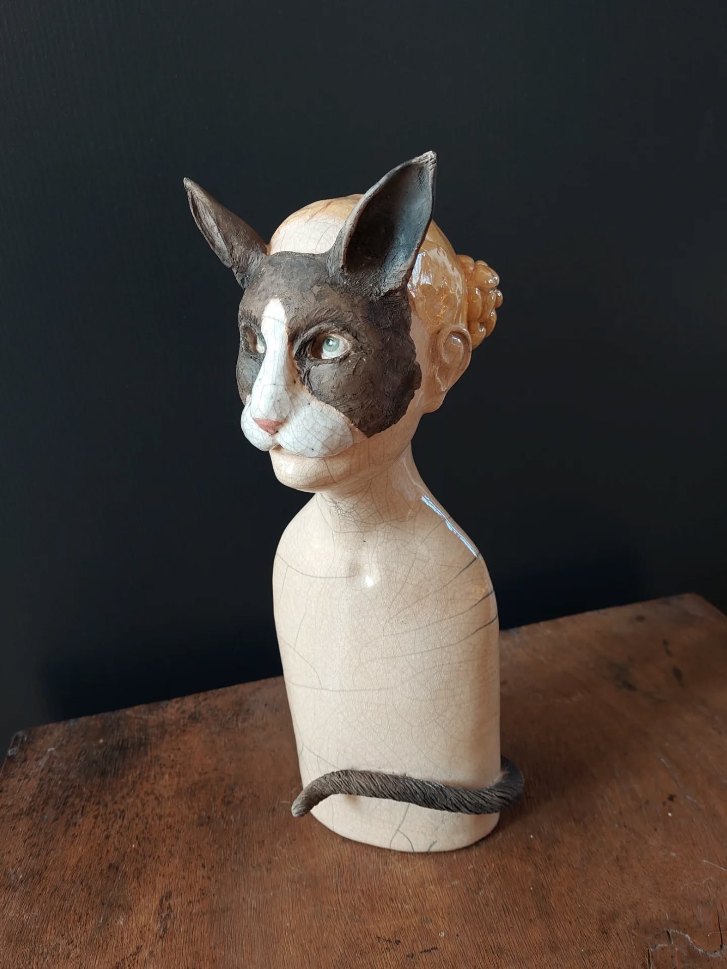 Petit buste masqué chat.
Cuisson raku, hauteur 20 cm env
#smokedclay #ceramicart #clay #sculptureceramique #cat