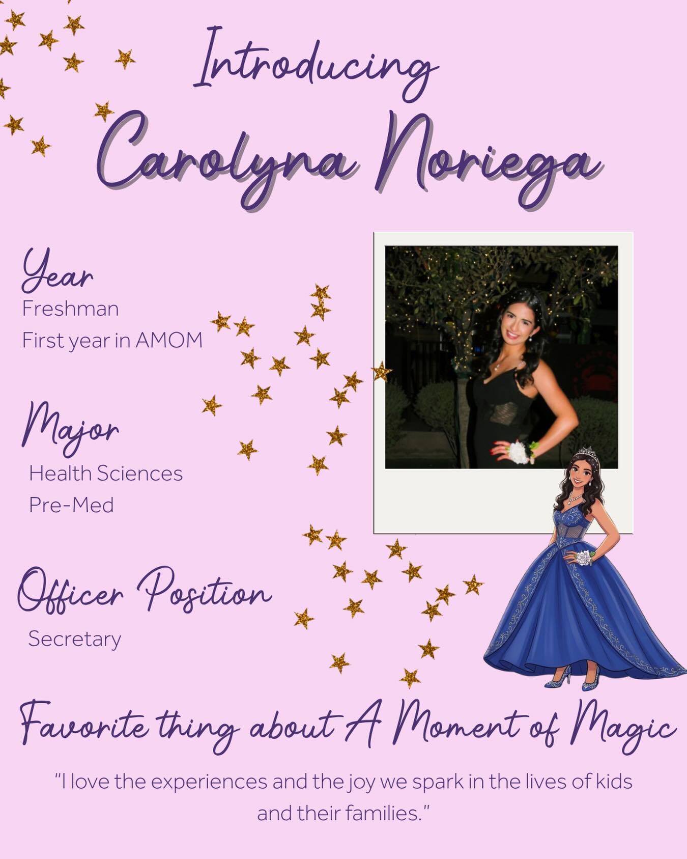 Meet Carolyna Noriega, she is a freshman who is a pre-med majoring in Health Sciences. This is her 1st year serving in AMOM. We can’t wait to see everything you accomplish this year!💜