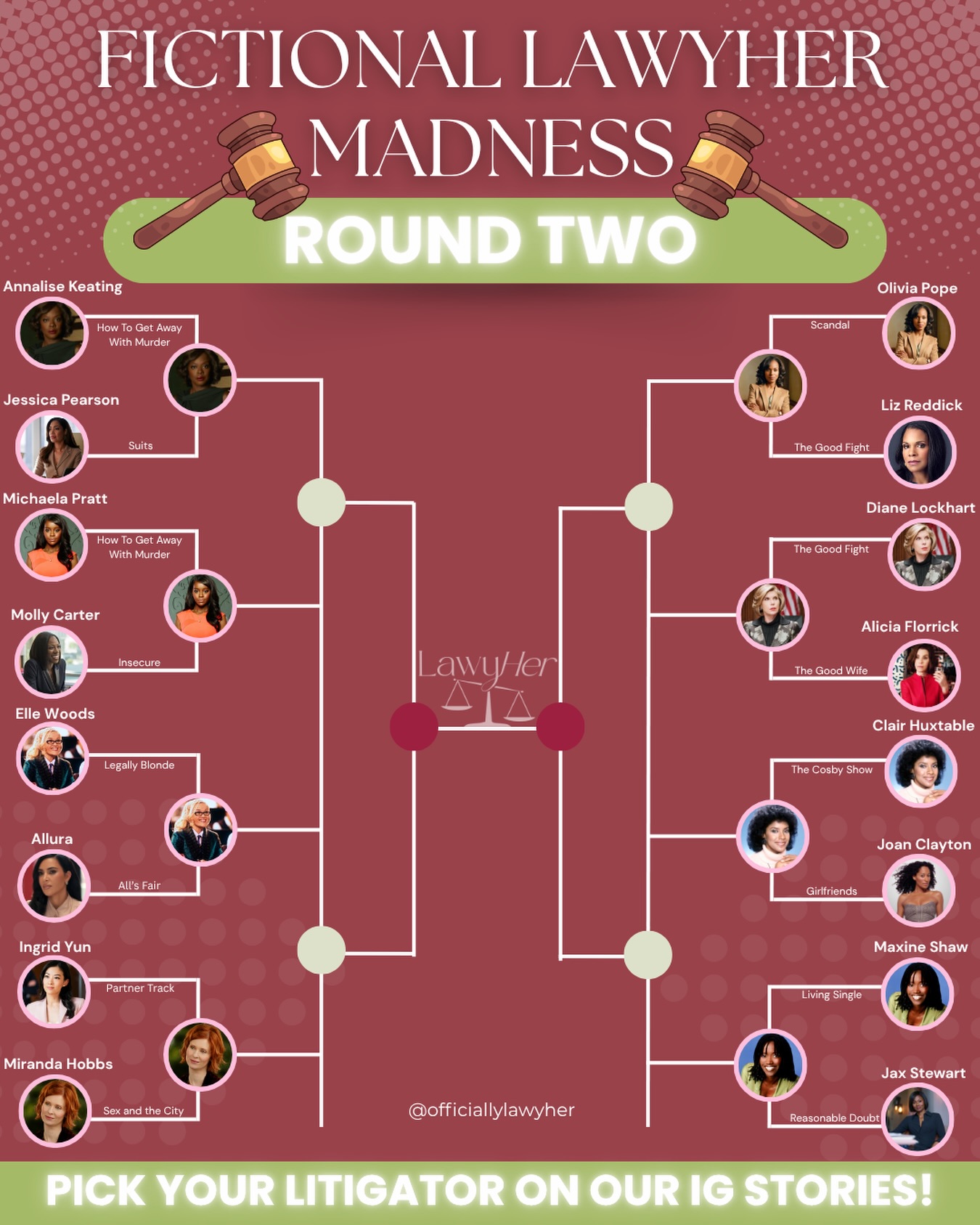 Round 2 is HERE 👩🏽⚖️🔥The competition is getting serious… who’s making it to the finals?
Go vote on our IG stories and pick your ultimate litigator 🗳️⚖️
-
#FictionalLawyerMadness #LawyHer #MarchMadness #FictionalLawyers #WomenInLaw