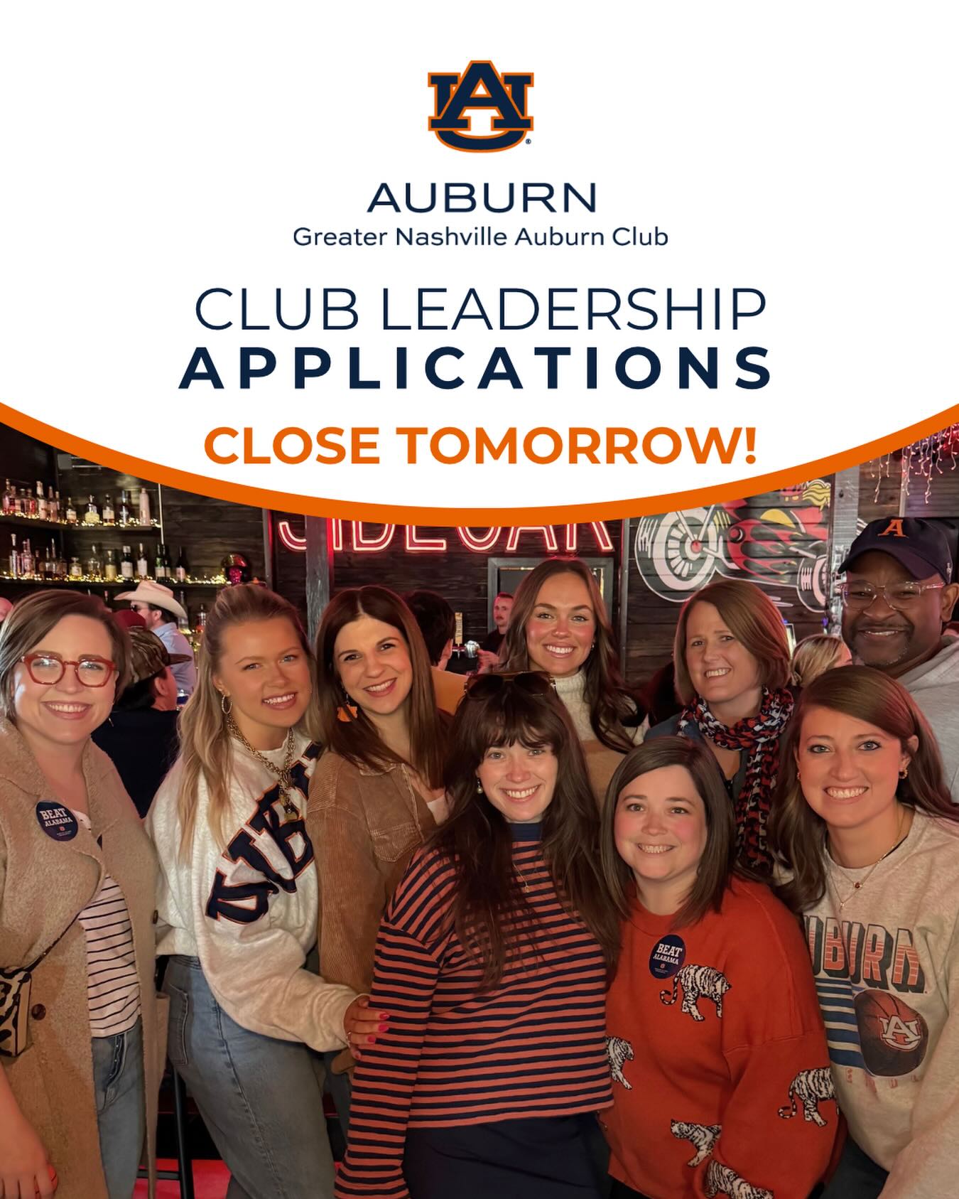 Applications close TOMORROW!
We are looking for enthusiastic, dedicated Auburn alums to join our Leadership Team for the upcoming year (May 2026-April 2027). Specific areas of need at this time include fundraising, administrative and financial oversight, and “seasoned” alumni 40 and over. However, anyone can apply!
Applications are open now until Monday, March 23. Come serve Auburn University and the Auburn Alumni Association alongside your Auburn Family in Nashville! 🐅
For more information or to view the application, please visit the link in our bio!