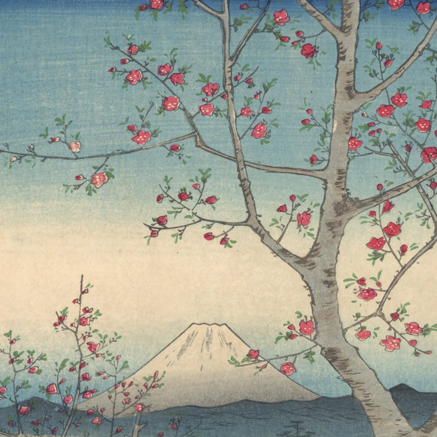 Highlight item
Blossoming trees frame a serene countryside scene in this 1858 masterpiece by Hiroshige I, their delicate pink flowers reaching across a pale blue sky. Below, travellers make their way along a quiet path, tiny beneath the vast, open landscape. A lone boatman drifts across glassy water, while thatched rooftops dot the lush green fields beyond. In the far distance, Mount Fuji rises in perfect stillness.
広重初代
冨士三十六景 武蔵越かや在
安政5年
Hiroshige I Utagawa
Musashi Koshigaya Zai, Thirty-six Views of Fuji
1858
詳細はnihonlux.comまで。
_______________
Nihonlux Ltd.
東京都渋谷区代々木5-67-1-202
email : info@nihonlux.com