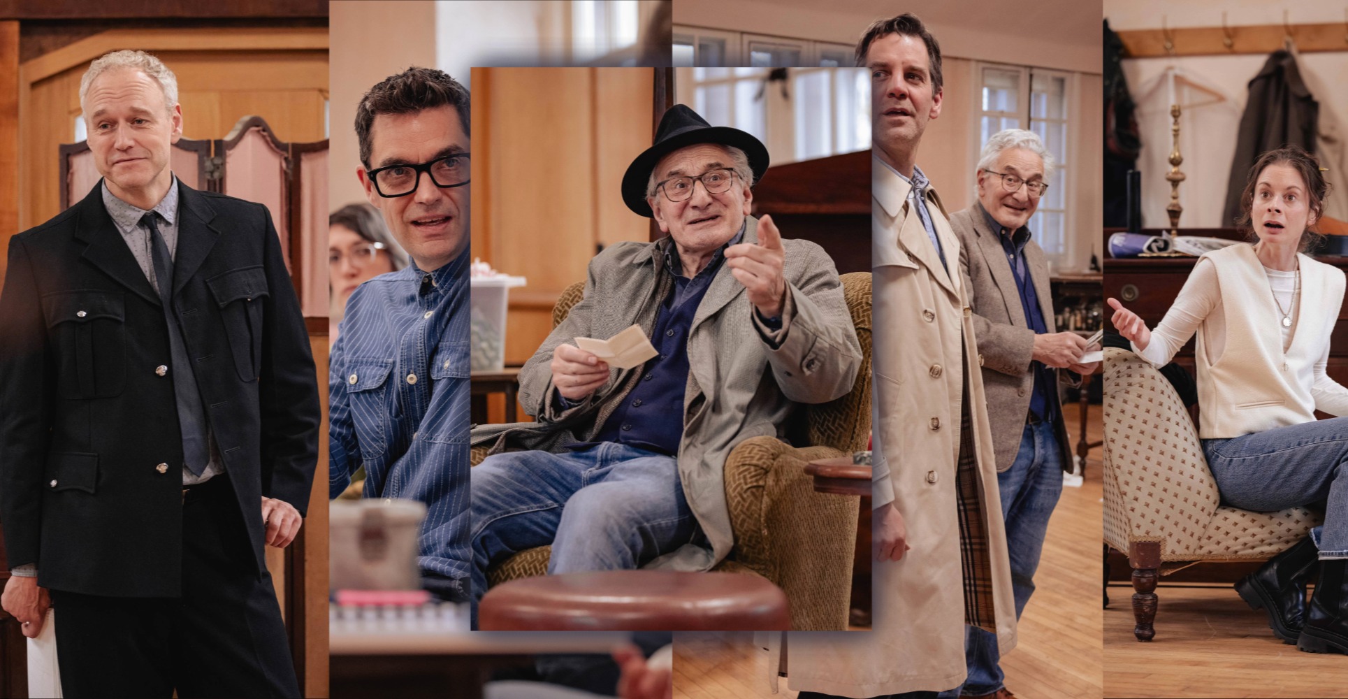 Rehearsal shots released for Arthur Miller’s ‘The Price’ coming to the Marylebone Theatre from 17 April.
On the eve of selling their late father’s possessions, two estranged brothers meet in a cluttered New York attic for the first time in years. What begins as a simple transaction becomes a fierce emotional reckoning, as decades of resentment, sacrifice and buried truth erupt into the open. By turns darkly funny and devastatingly human, The Price is one of Miller’s most intimate and explosive dramas: a gripping portrait of family where memory, regret and emotional inheritance collide.
Actors Henry Goodman, Faye Castelow, Elliot Cowan and John Hopkins and director Jonathan Munby were photographed in rehearsal by Mark Senior.