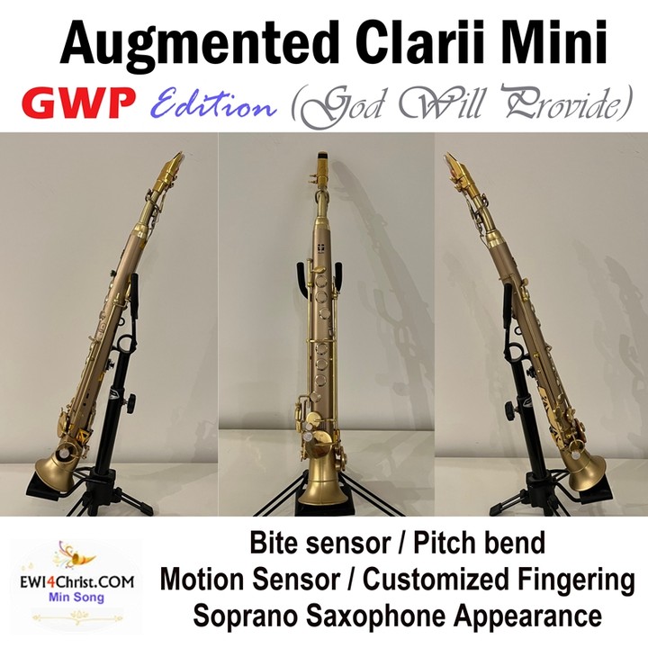 Modified Robkoo Clarii Mini as a digial midi soprano saxophone - called "Augmented Clarii Mini, GWP Editon .(GWR means God Will Provide). I added a bite sensor and pitch bend. The Clarii Mini provides motion sensor and customized fingering. I modified the octave keys for better accuracy and function. I also attached real saxophone parts as decoration. All midi functions are wireless Bluetooth. I will update video of playing music with this instrument on my YouTube channel soon. More info is on my website. (EWI4Christ.com)
#windcontroller #ewi #robkoo