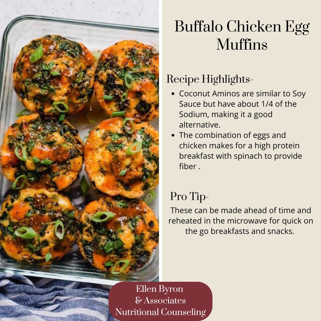 Recipe of the week!
Breakfast can be difficult to find quick recipes that aren't boring or tiresome. This egg cup recipe makes for a great quick breakfast that can easily be made ahead of time for the week and even frozen before reheating.
Buffalo chicken recipes can be packed with sodium, this one uses coconut aminos that give great flavor but much less sodium.
-
#dietitians #dietitanswhocook #nutrition #recipeoftheweek #breakfastrecipes #buffalochicken
