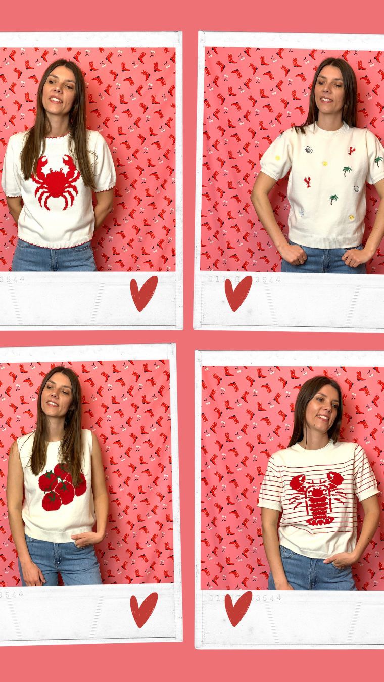 Des jolis motifs et des manches courtes pour profiter du soleil 🦞🦀🍅🌴
#homard #tomates #palmier #pullmanchescourtes