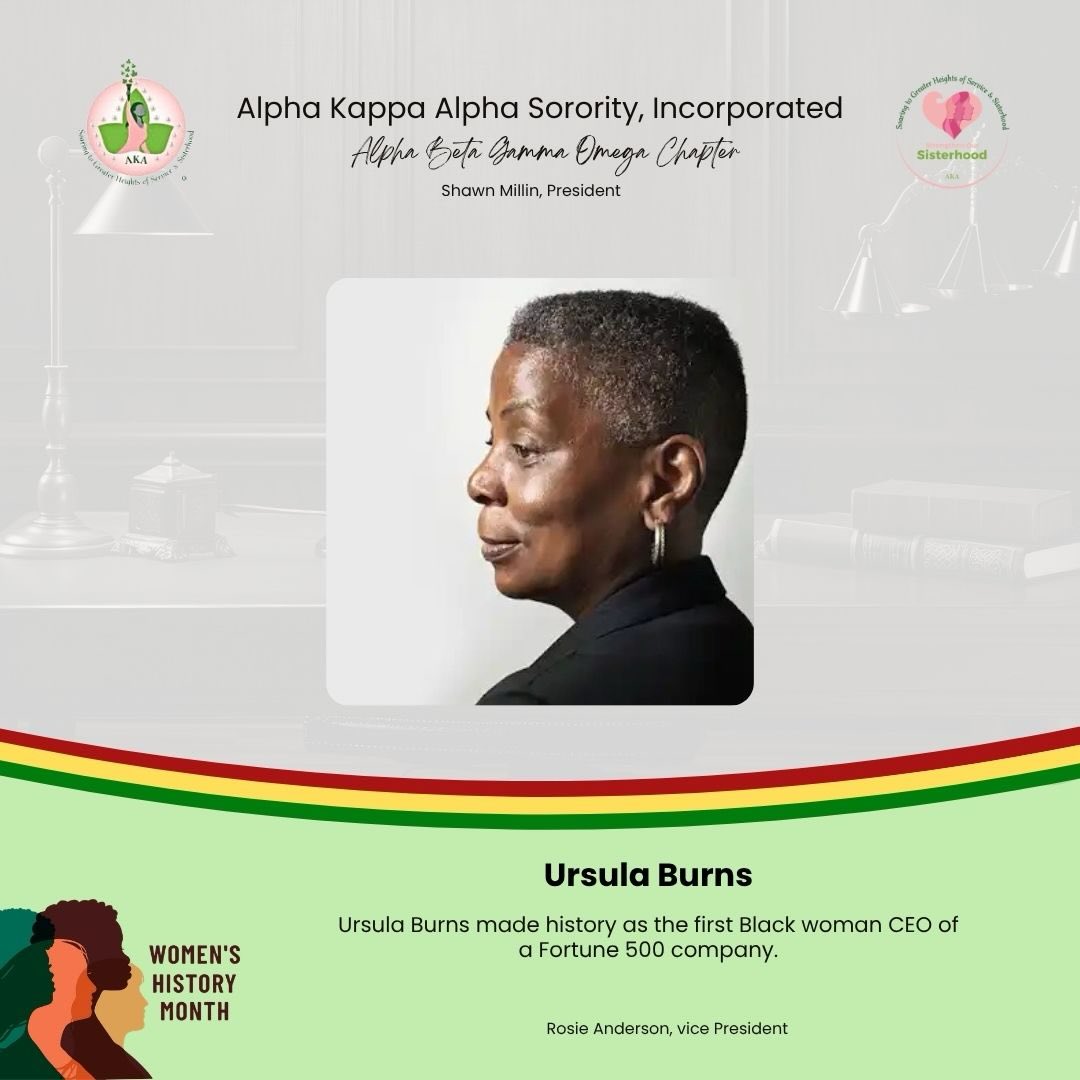 🌸 Women’s History Month Spotlight 🌸
Today we celebrate the trailblazing leadership of Ursula Burns.
Ursula Burns made history as the first Black woman CEO of a Fortune 500 company, leading Xerox with innovation, vision, and excellence. Rising from an intern to CEO, her journey is a powerful testament to perseverance, determination, and breaking barriers in corporate leadership.
Her legacy continues to inspire women and future leaders to dream boldly and lead with purpose.
✨ Visionary. Barrier Breaker. Leader.
#WomensHistoryMonth #AKA1908 #BlackExcellence #WomenInLeadership #WomenWhoLead