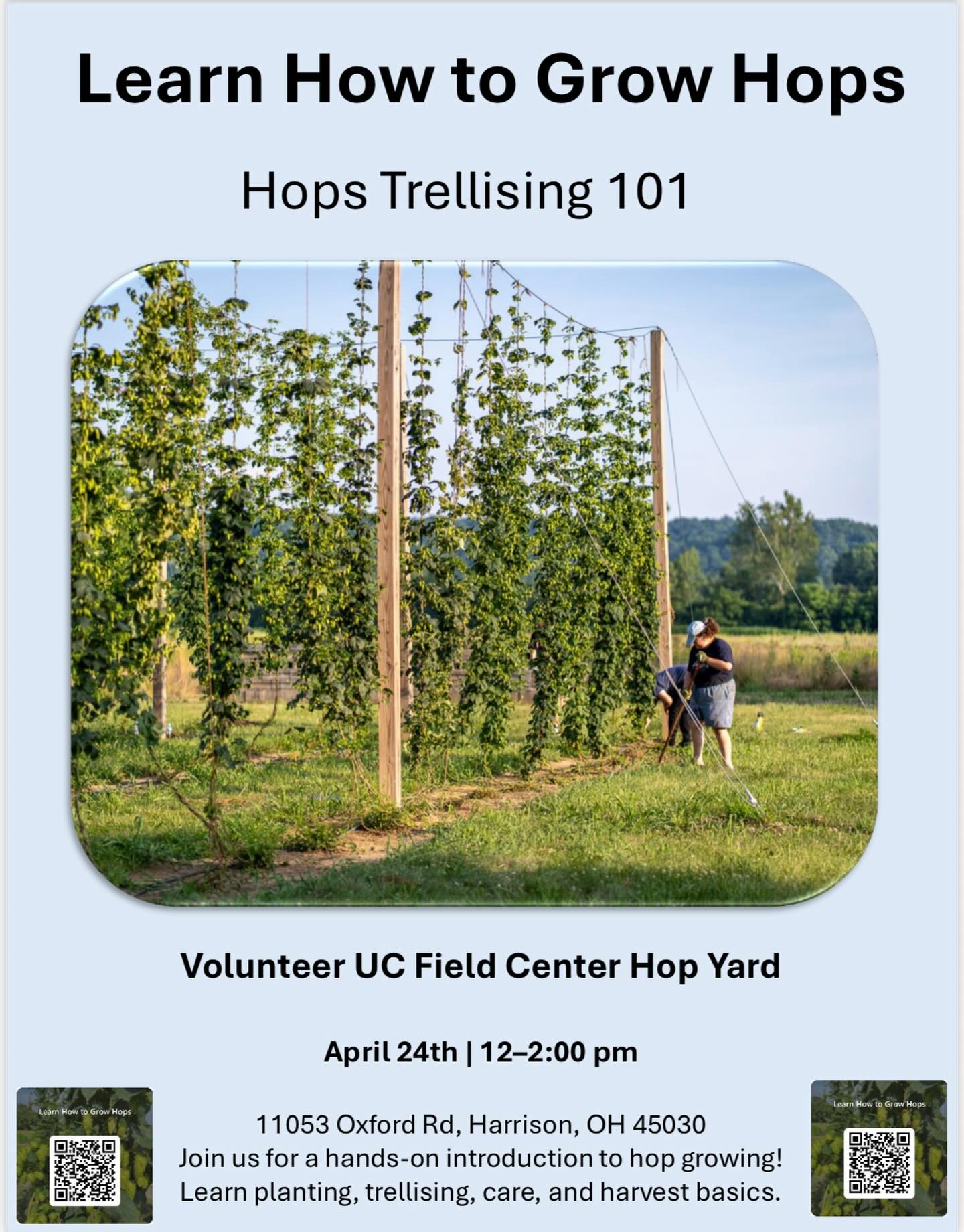 Mark your calendars for April 24th! Join us at the Field Center to learn all about Hop growing! 🌳