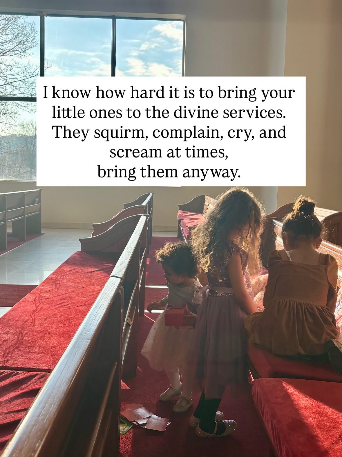 Before I had kids I could stand during the Divine Liturgy and pray with my eyes closed, not having to worry about whatās happening around me.
After kids, it looks different, like the several trips I take in and out of the church to manage tantrums and volume control.
But hereās the thingā¦
We donāt just pray with our hands lifted up, we pray with our feet as we walk up and down the aisles.
God meets us in the crying room as much as He meets us before the altar.
And by your conduct and prayerful posture, youāre teaching your little ones priceless lessons without even saying a word. Thatās a true offering!
So next time youāre feeling overwhelmed or discouraged about attending church with your kids, just bring them anyway! God will bless your perseverance and commitment ā¤ļø
ā¦.
Read the rest on my Substack āSacred Ordinary | Vol.11: Experiencing Heaven on Earthā