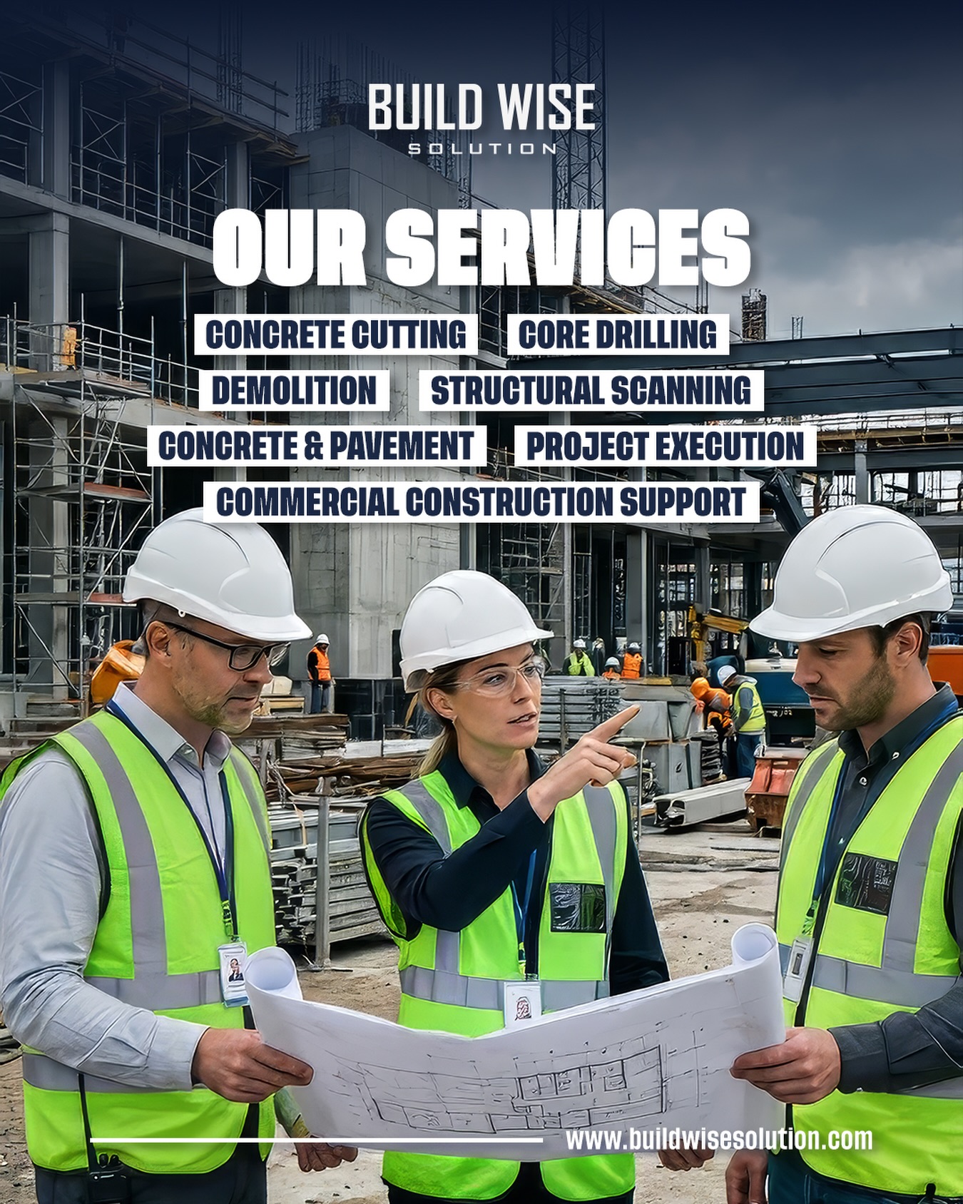 Our services are built to support every stage of your project with precision, efficiency and reliability. From concrete cutting and core drilling to demolition, scanning and full project execution, Build Wise Solution delivers the expertise needed to get the job done right.
Comprehensive solutions. One trusted team.
#BuildWiseSolution
#OurServices
#ConstructionExperts
#CommercialConstruction
#ConcreteSolutions
ProjectExecution
ReliableConstruction