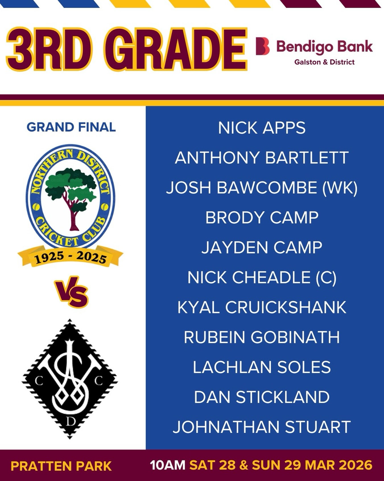 🌳 3rd Grade - Grand Final Team List 🌳
Proudly brought to you by Bendigo Bank – Galston & District
