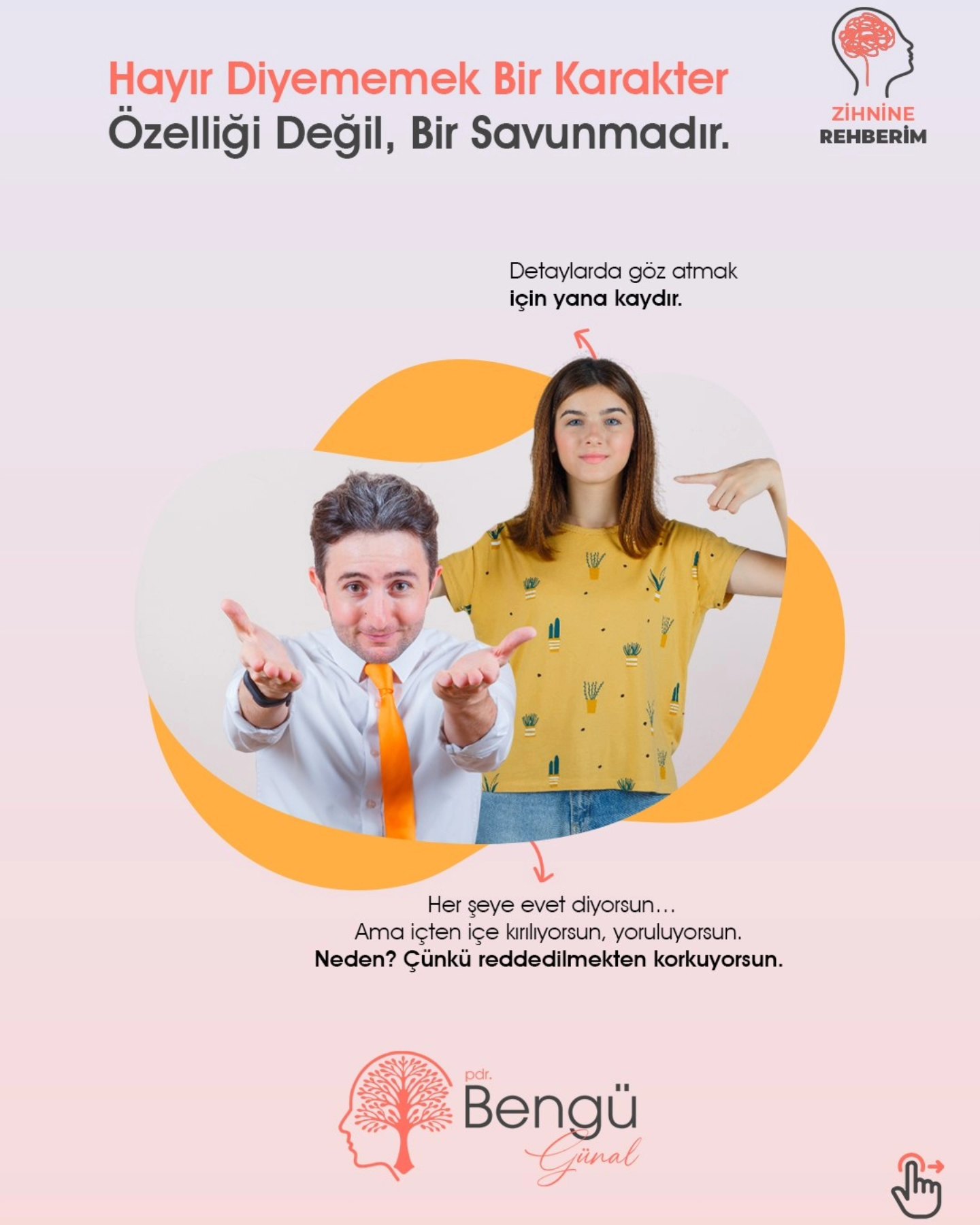 Hayır Diyememek Savunmadır
Hayır diyemiyorsun çünkü:
🔹 Reddedilmekten korkuyorsun
🔹 Sevilmeyi “evet” demeye bağlıyorsun
🔹 Küçük yaşta hep uyumlu olman beklendi
🧠 Ama kendini susturarak sevilmek, seni zamanla tüketir.
Hayır diyememek bir karakter değil, duygusal savunmadır.
✨ Sınır çizmek, ruhunu korumaktır.
Bu farkındalıkla güçlenmek istersen, buradayım.
📩 İlk adım için mesaj atman yeterli.
#hayırdiyememek #duygusalsınırlar #onaybağımlılığı #kendinisusturmak #psikolojikdestek #mentalhealthturkiye #pdrbengügünal #psikolojikdanışmanlık #zihninerehberim