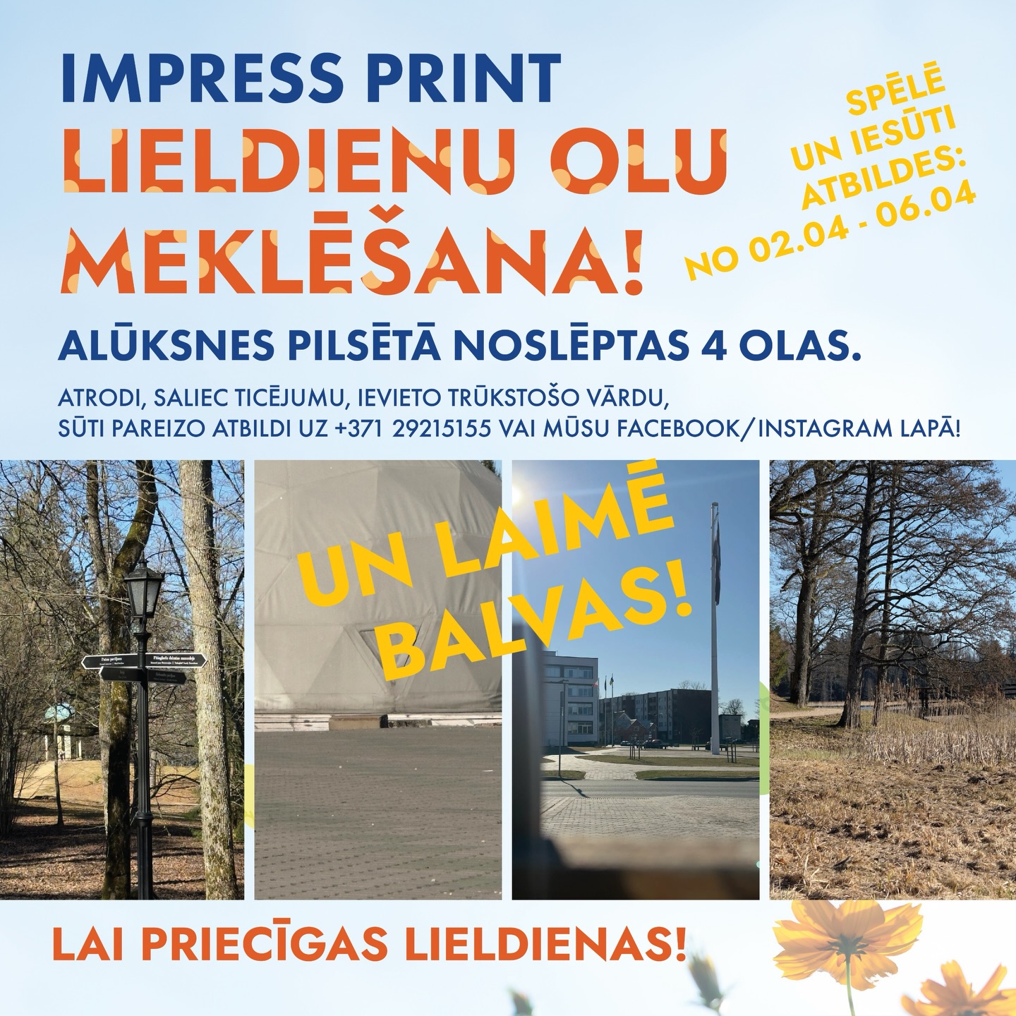 🐣 Trešo gadu pēc kārtas- Lieldienu konkurss ir klāt ‼️
Aicinām visus izbaudīt labo laiku un apskatīt Alūksni!
‼️ Atrodi no kurienes ir uzņemti šie foto kadri! Tur atradīsi Impress Lieldienu olas! Saliec ticējumu, atmini trūkstošo vārdu! Atbildes sūti uz 29215155 vai raksti mums Facebook un Instagram !
➡️ 07.04 izlozēsim vienu džemperi ar Alūksne Oluksna apdruku 😎 Kā arī, VISAS pareizās atbildes tiks pie bezmaksas uzlīmēm Normāls kā Alūksnietis!
Veiksmi un tiekas 07.04‼️☀️