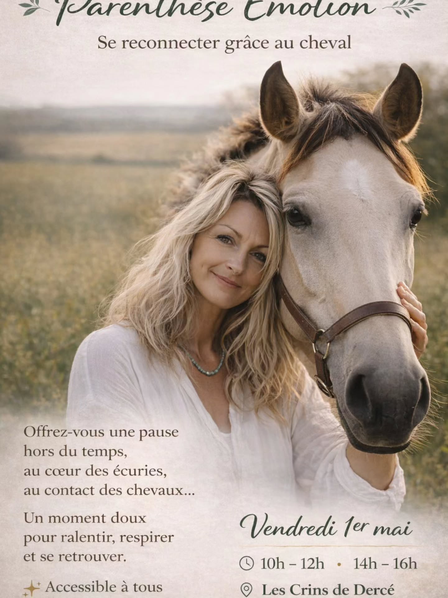 “Parenthèse Émotion – Se reconnecter grâce au cheval”
💫 Le concept
Une expérience hors du temps, accessible à tous (même sans savoir monter), centrée sur :
le lien au cheval
les émotions
la douceur
le lâcher-prise
👉 Ce n’est pas un cours d’équitation
👉 C’est un moment marquant, presque transformateur
🎯 Pour qui ?
Adultes fatigués / stressés
Femmes en quête de confiance
Parents / aidants
Personnes sensibles au bien-être
📍 LES CRINS DE DERCE poney club
📞 Infos & Réservation : 06 18 06 21 98 ou MP