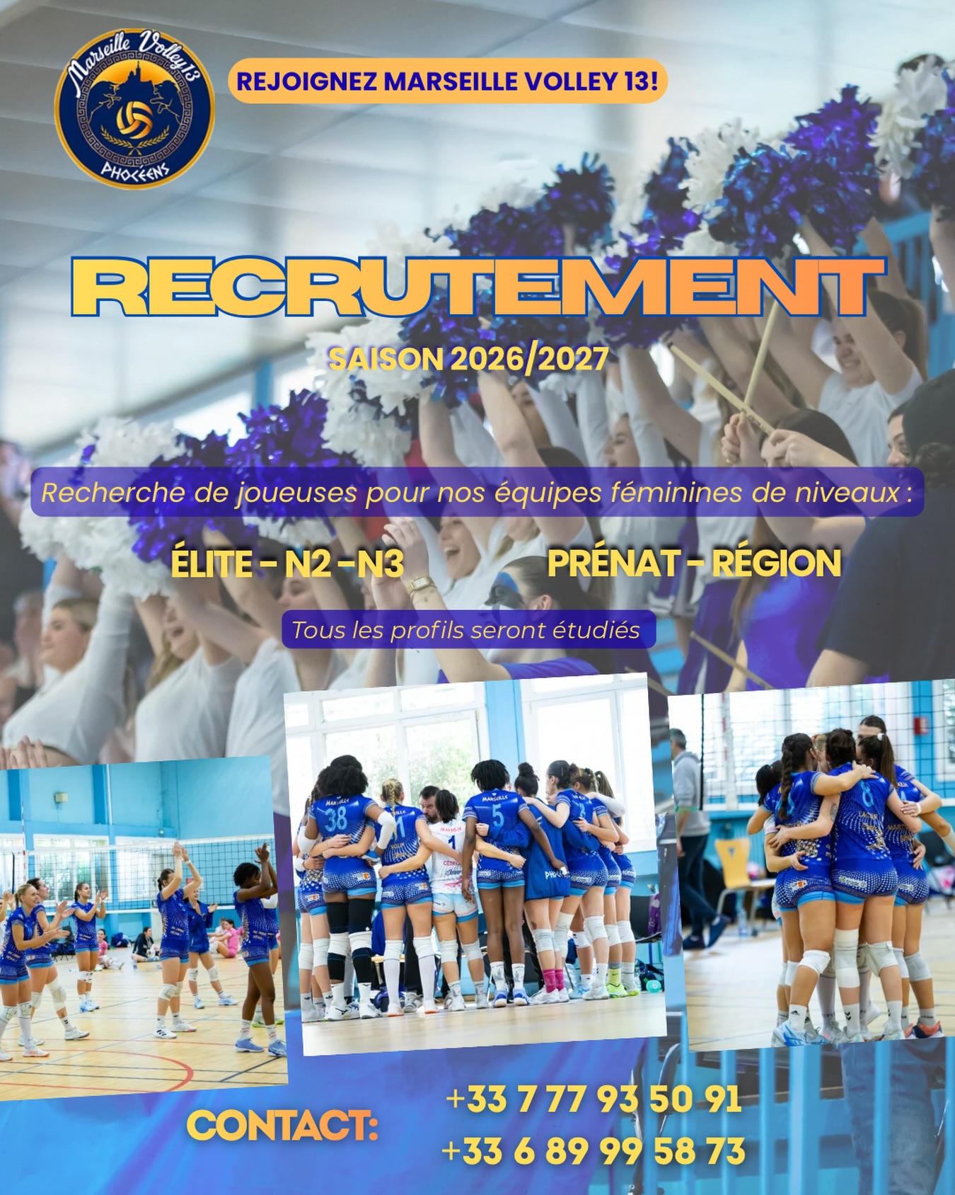 🏐REJOIGNEZ MARSEILLE VOLLEY 13🏐
Vous cherchez un nouveau défi pour la saison 2026/2027? Le club recrute ses futures joueuses!
🚀 Niveaux recherchés :
• ÉLITE / N2 / N3
• PRÉNAT / RÉGION
✅ Tous les profils seront étudiés. Que vous soyez expérimentée ou en pleine progression, tentez votre chance !
📞 CONTACTEZ-NOUS :
📲 07 77 93 50 91
📲 06 89 99 58 73
📸 Crédit photos @vincent_grd84
#MarseilleVolley13 #Volleyball #Recrutement #Marseille #SportFéminin