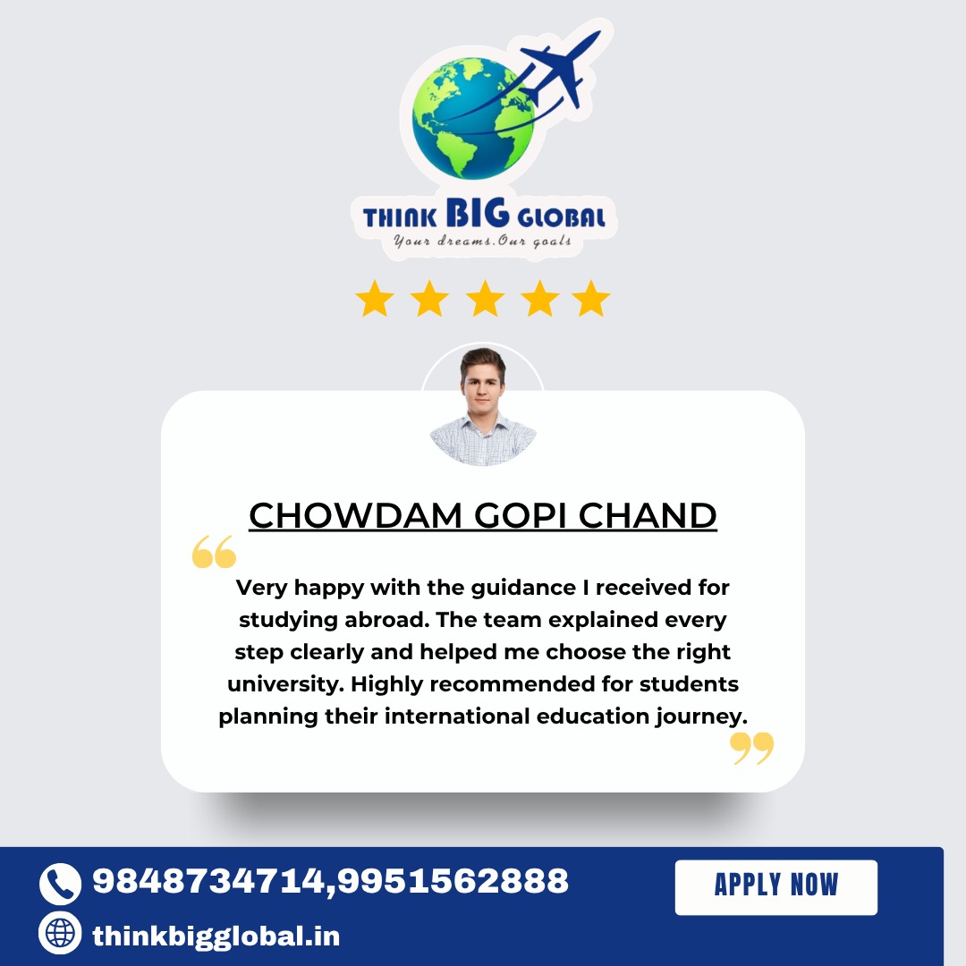 Real Feedback. Real Results.
We’re proud to see our students succeed with the right guidance and clarity! 🎓🌍
From choosing the right university to step-by-step support, Think BIG Global ensures your study abroad journey is smooth and stress-free. ✈️
💬 Success stories like this motivate us to deliver the best every day!
👉 Read more here:
https://www.thinkbigglobal.in/post/affordable-ielts-coaching-options-in-visakha-for-aspiring-students-study-abroad-consultants-vizag
📍 Trusted Study Abroad Consultants Vizag
📞 98487 34714 | 99515 62888
#StudyAbroadConsultantsVizag #ThinkBIGGlobal #StudentSuccess #IELTSCoachingVizag #AbroadEducation #VisaGuidance #VisakhapatnamStudents #OverseasEducation #SuccessStories #StudyAbroadIndia