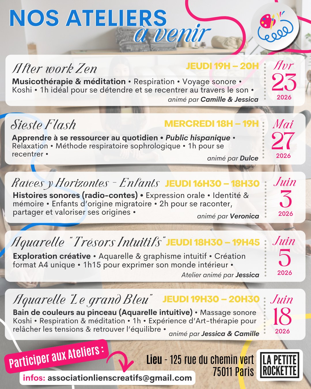 💜 Ravie de proposer des ateliers découverte d’Art-thérapie & Musicothérapie au sein de l’@associationlienscreatifs ! 😊🎨🎶
Venez explorer la créativité, la couleur et le son dans un moment de détente et de reconnexion à soi. 🌿
📣 Dates et ateliers que j’aurai le plaisir de guider :
🗓 Jeudi 23 avril | 19h – 20h "Afterwork Zen" : Musicothérapie & méditation 🧘🌿🎵• Respiration • Voyage sonore • Koshi • 1h ( Animé en duo : @jessicaarcher.arttherapie et @camille.guillardon )
🗓 Jeudi 5 juin | 18h30 – 19h45 "Trésors Intuitifs" : Aquarelle & graphisme intuitif 🎨🌿 ✨• Création format A4 • 1h15
🗓 Jeudi 18 juin | 19h30 – 20h30 "Le Grand Bleu" : Aquarelle intuitive 🎨🔵🌊• Massage sonore Koshi • Respiration & méditation • 1h ( Animé en duo : @jessicaarcher.arttherapie et @camille.guillardon )
📍Espace LA PETITE ROCKETTE- 125 rue du chemin vert 75011 Paris
🎫Tarif : 25€/personne
📩 Ouvertures des inscriptions dès maintenant : associationlienscreatifs@gmail.com
----------
💜 Découvrez aussi, au sein de l' Association Liens Créatifs des Ateliers en espagnol 🇪🇸 avec :
🌟 Dulce @dulcechiolop | "Sieste Flash" Relaxation respiratoire • le 27 Mai 18H-19h
🌟 Veronica @verocg2001 | "Raíces y Horizontes" (Enfants) autour de l’expression narrative. • le 3 Juin 16h30-18h30
#ArtThérapie #Musicothérapie #AquarelleIntuitive #Relaxation #Créativité #BienÊtre #TempsPourSoi #EspaceLaRockette #Joie #ReconnexionASoi