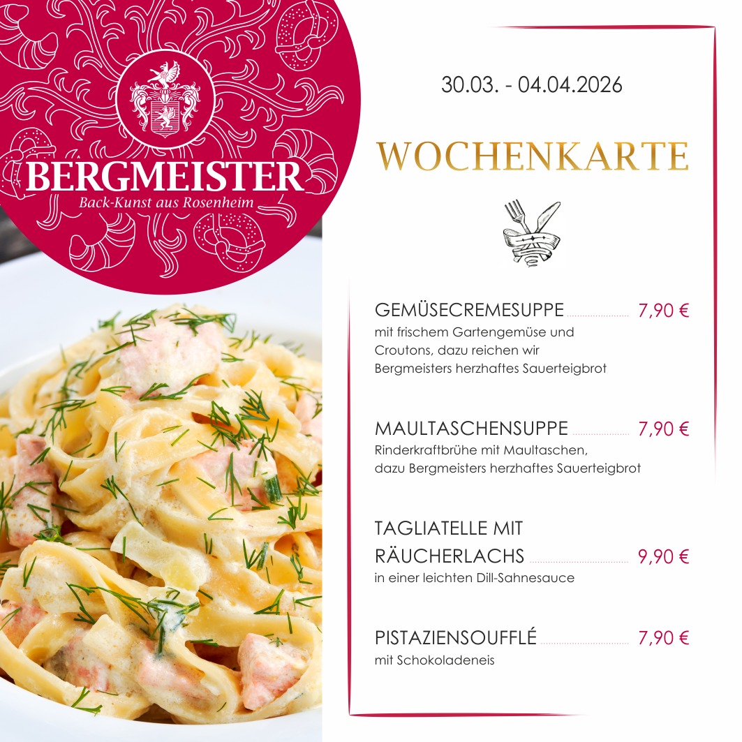 🍽️ Neue Woche, neue Schmankerl im Café BERGMEISTER!
Ab Montag gibt’s im Café BERGMEISTER wieder eine neue Wochenkarte – und die hat’s richtig in sich!
Ihr könnt euch auf 4 leckere Schmankerl freuen: Unsere cremige Gemüsecremesuppe mit knusprigen Croutons wärmt von innen, die deftige Maultaschensuppe bringt Schwabenflair auf den Teller. Für Pasta-Fans gibt’s Tagliatelle mit zartem Räucherlachs – einfach lecker! Zum krönenden Abschluss wartet das Pistaziensoufflé mit Schokoeis auf euch, ein Traum für alle Naschkatzen.
Also, kommt vorbei und gönnt euch was Feines.
Wir freuen uns auf euch!
Euer BERGMEISTER-Team
#cafébergmeister #bergmeister #Leckereien #Schmankerl #FoodieHeaven #LeckerEssen #EssenWieBeiMama #herzhaft #gemüsecremesuppe #maultaschensuppe #tagliatellemitlachs #pistaziensoufflé #mittagspause #lunchbreak #maxjosefsplatzrosenheim #rosenheim #pause #mittagessen #frischeküche #wochenkarte