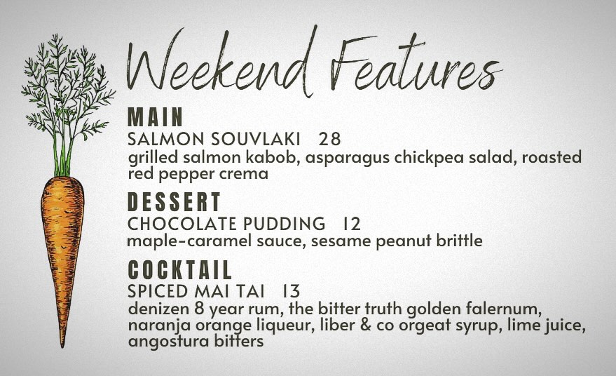 🍽️ 4/3 & 4/4 WEEKEND FEATURES 🍽️
.
#happyweekend #plattsburghrestaurants #twistedcarrot #cheers
