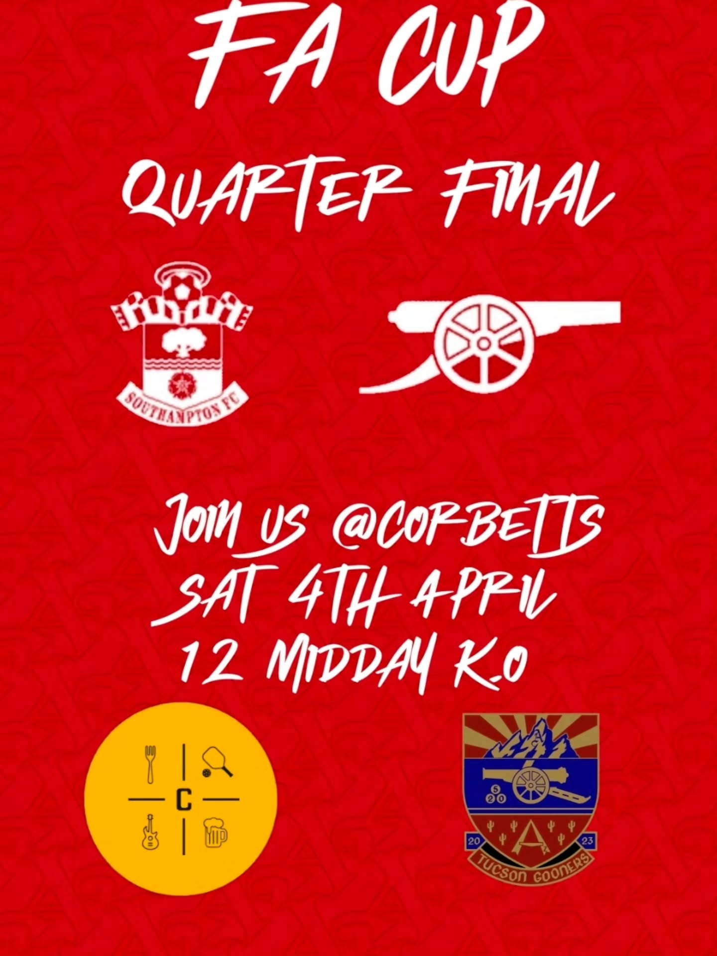 Join us @corbettstucson Saturday 4th April for our fa cup quarter final against Southampton
12 noon kick off