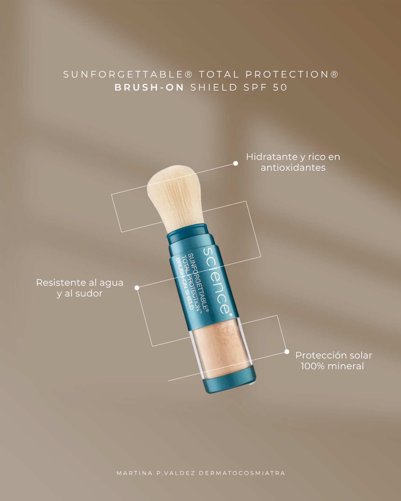 SUNFORGETTABLE® TOTAL PROTECTION®
BRUSH-ON SHIELD SPF 50
Brocha de protección solar mineral en polvo con factor
FPS 50 para un acabado natural. Mejora la defensa contra los factores de estrés ambiental gracias a que contiene antioxidantes y es suficientemente suave para todo tipo de piel.
Beneficios
+ Siempre 100% libre de químicos, activos de protección solar mineral
+ Hidratante y rico en antioxidantes
+ Resistente al agua/sudor
+ Cómodo, fácil de aplicar, cepillo portátil
+ Las cerdas antimicrobianas ayudan a proteger el cepillo y mantener la frescura
+ Hipoalergénico y no comedogénico
Conseguilos en nuestra tienda 📍Alto del Bono
Shopping, local 32.