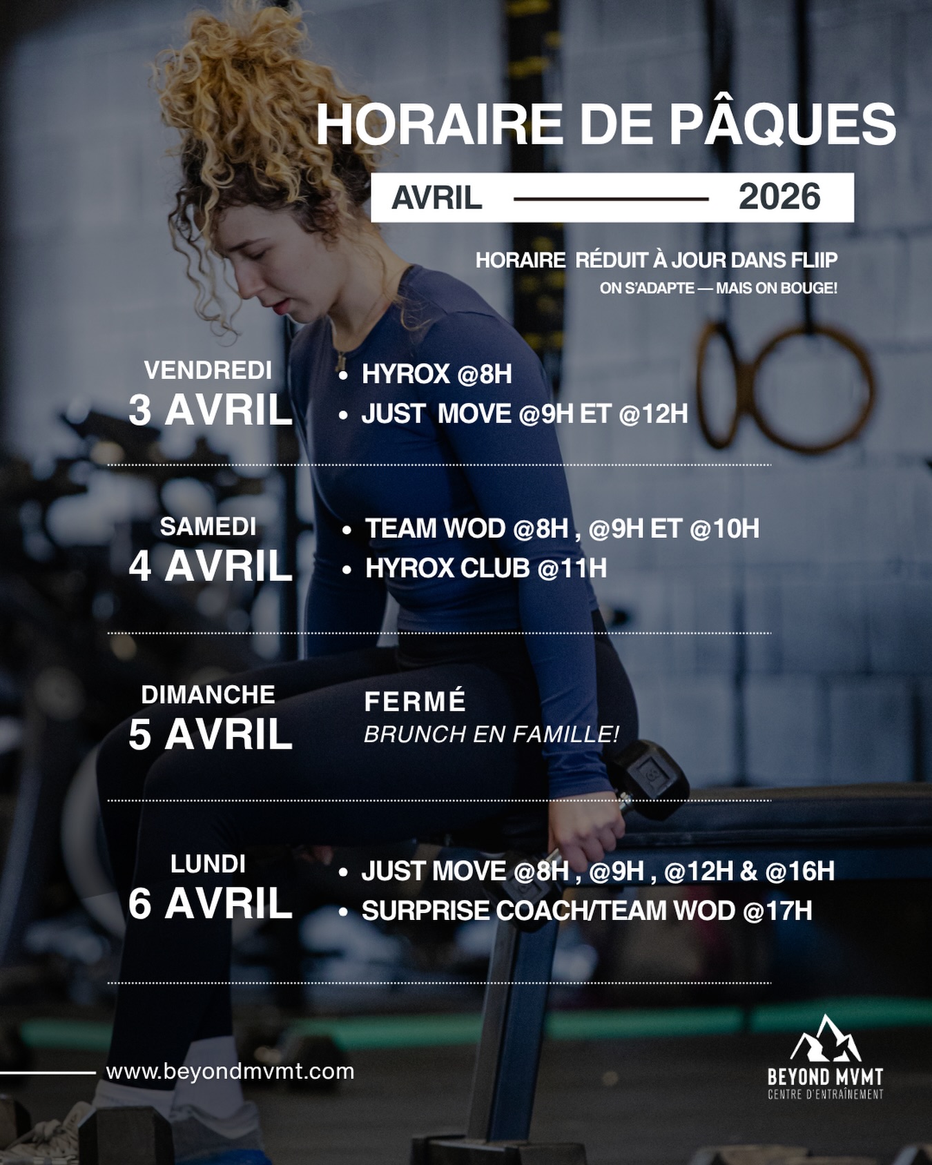 Horaire de Pâques 🐣
On ajuste l’horaire pour le long week-end, mais on garde l’essentiel → bouger ensemble.
Team WOD, Hyrox Club, Just move ou Open gym - choisis ton camp 💪🏼
Passez un bon long weekend et n’oubliez pas de réserver votre place dans fliip 🫡