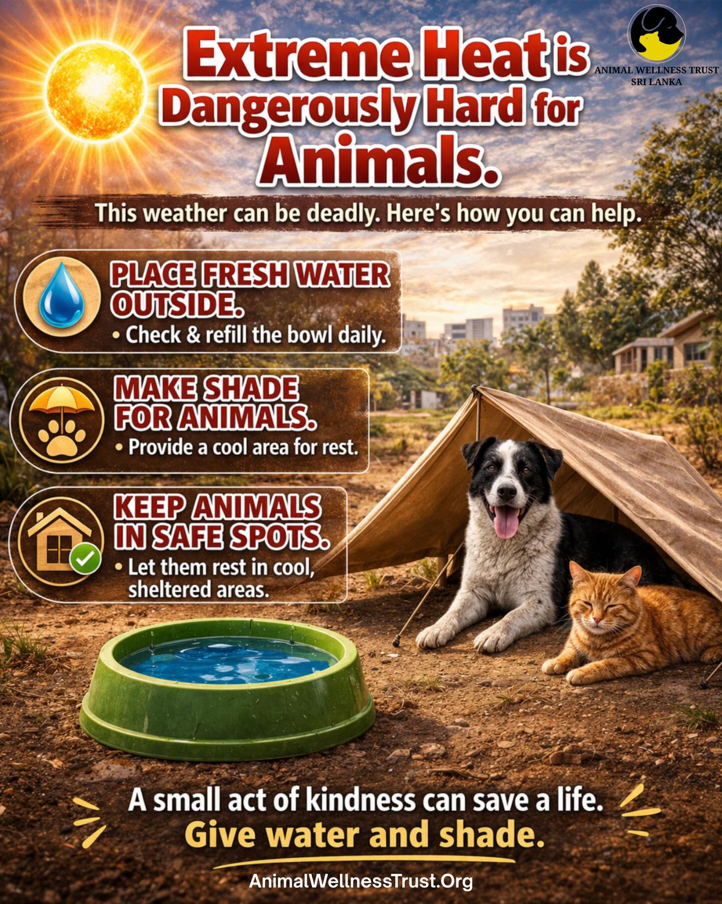 Extreme heat isn’t just tough on us, it can be deadly for animals too 🐾 💔
A small act of kindness can save a life:
💧 Leave fresh water outside
🌴 Provide shade
🏠 Keep animals in safe, cool spots
Let’s look out for those who can’t ask for help.
Give water. Give shade. Give care. ❤️ 🐾
#animalwellnesstrust #teamawt
