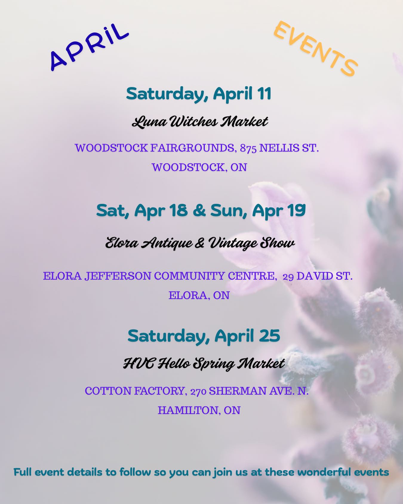 Join us in the month of April at one or more of these fantastic events we will be vending at. We will be bringing some beautiful and fun items. Full events info to follow.
#vintageshows #antiqueshow #markets #shows
