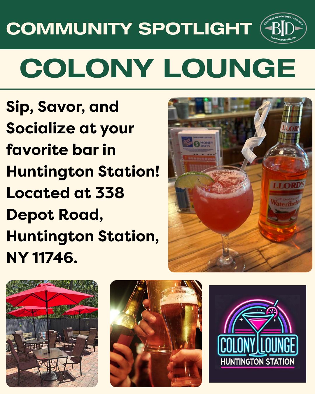 Check out Colony Lounge!
.
"Sip, Savor, and Socialize at your favorite bar in Huntington Station!"
.
Visit them at 338 Depot Road, Huntington Station, NY 11746!
.
#bar #lounge #drinks #fun #localbusiness #huntingtonstation #longisland