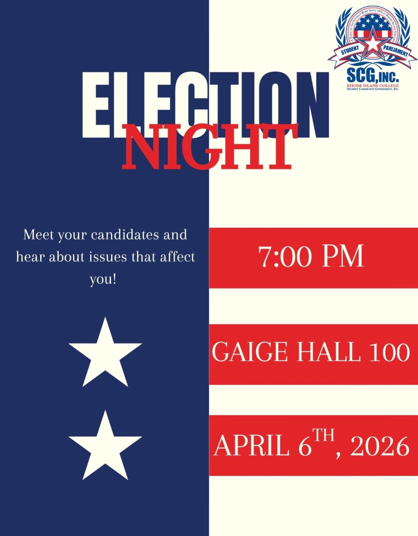 For the first time EVER the entire student body can vote for the Student Community Government Executive Board!
These candidates have worked hard all year and have creative ideas on how to make RIC even better.
Come listen to their speeches on April 6th at 7:00 in Gaige 100.
Itâs important to be educated on who youâre voting for so make sure youâre there!!!!!!!!