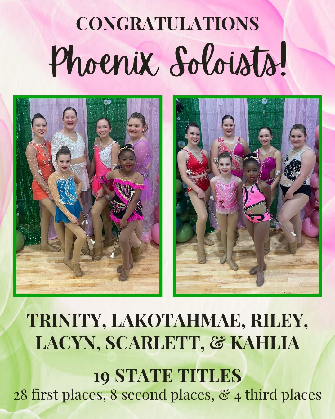 Our soloists had a good time and did a wicked job at the West Virginia State Championships last weekend! We had a blast spending the day with our twirling friends and Phoenix family. The day was full of fun and new experiences and it’s so exciting to watch the girls grow more and more at each competition, team and soloists! Collectively, our six WV soloists brought home…
🏆19 West Virginia State Titles
🥇28 First Places
🥈8 Second Places
🥉4 Third Places
⭐️2 National Qualifiers