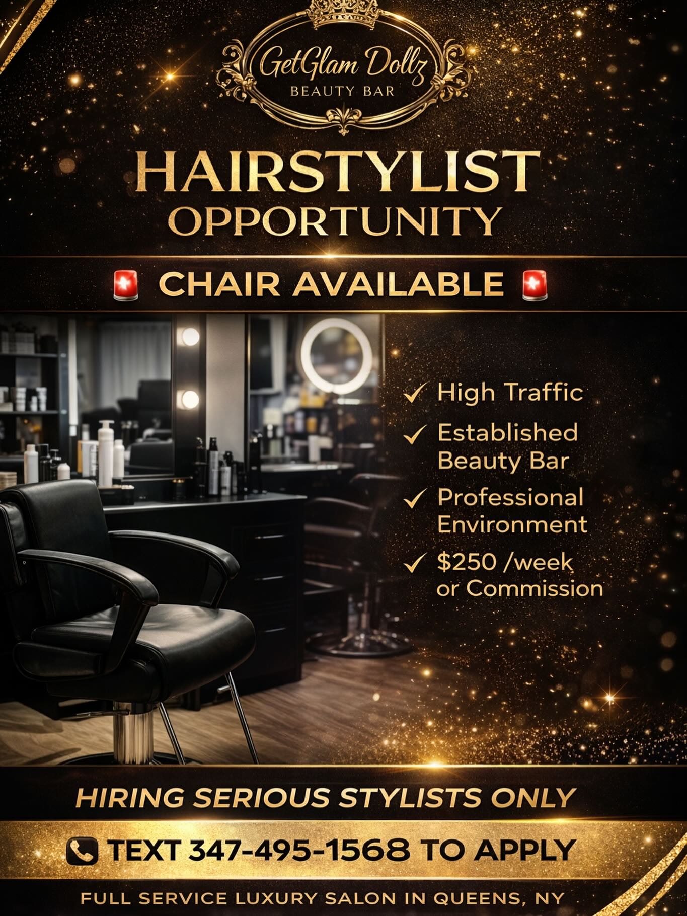🚨 HAIRSTYLIST OPPORTUNITY – QUEENS, NY 🚨
GetGlam Dollz Beautybar is looking for a serious, professional hairstylist ready to grow in a high-traffic, luxury salon environment.
This is not for beginners, this is for someone ready to make money and elevate their brand.
✨ Booth Rent: $250/week
✨ OR Commission Available
✨ Established clientele & walk-ins
✨ One-stop beauty bar (hair, nails, makeup, lashes)
We’re building a strong team and need someone who:
✔ Shows up
✔ Is consistent
✔ Knows their craft
✔ Wants to grow
📍 Queens, NY
📲 Text: 347-495-1568
Serious inquiries only.
#nycsalon #hairstylistwanted #nychairstylist #queenshairstylist #salonspaceavailable