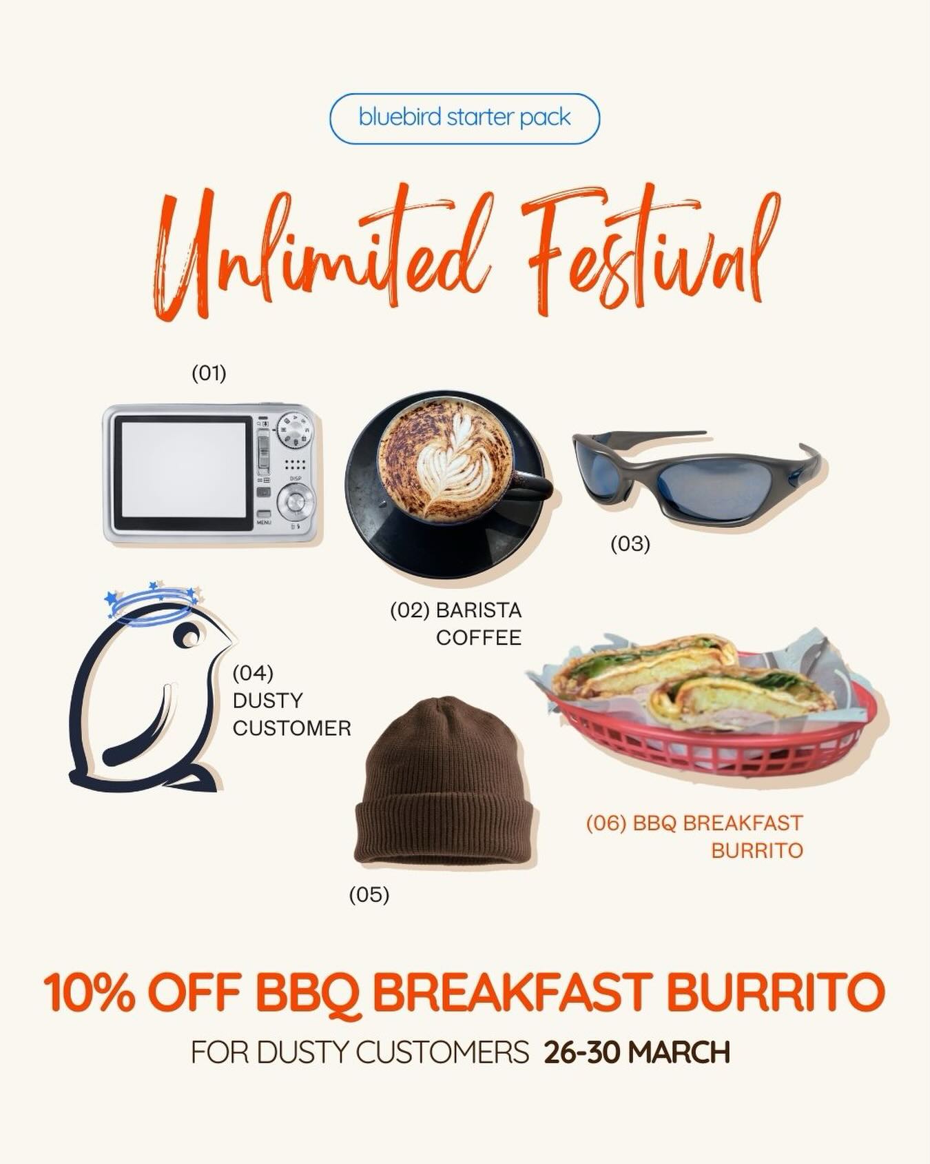 🚨 ATTENTION DUSTY CUSTOMERS ‼️
We’ve got you covered with 10% off our Monthly Special: BBQ Breakfast Burrito
🪩 26-30 March only!
#unlimitedfestival #breakfastburrito #baristacoffee #dustyfeed #cafebluebird