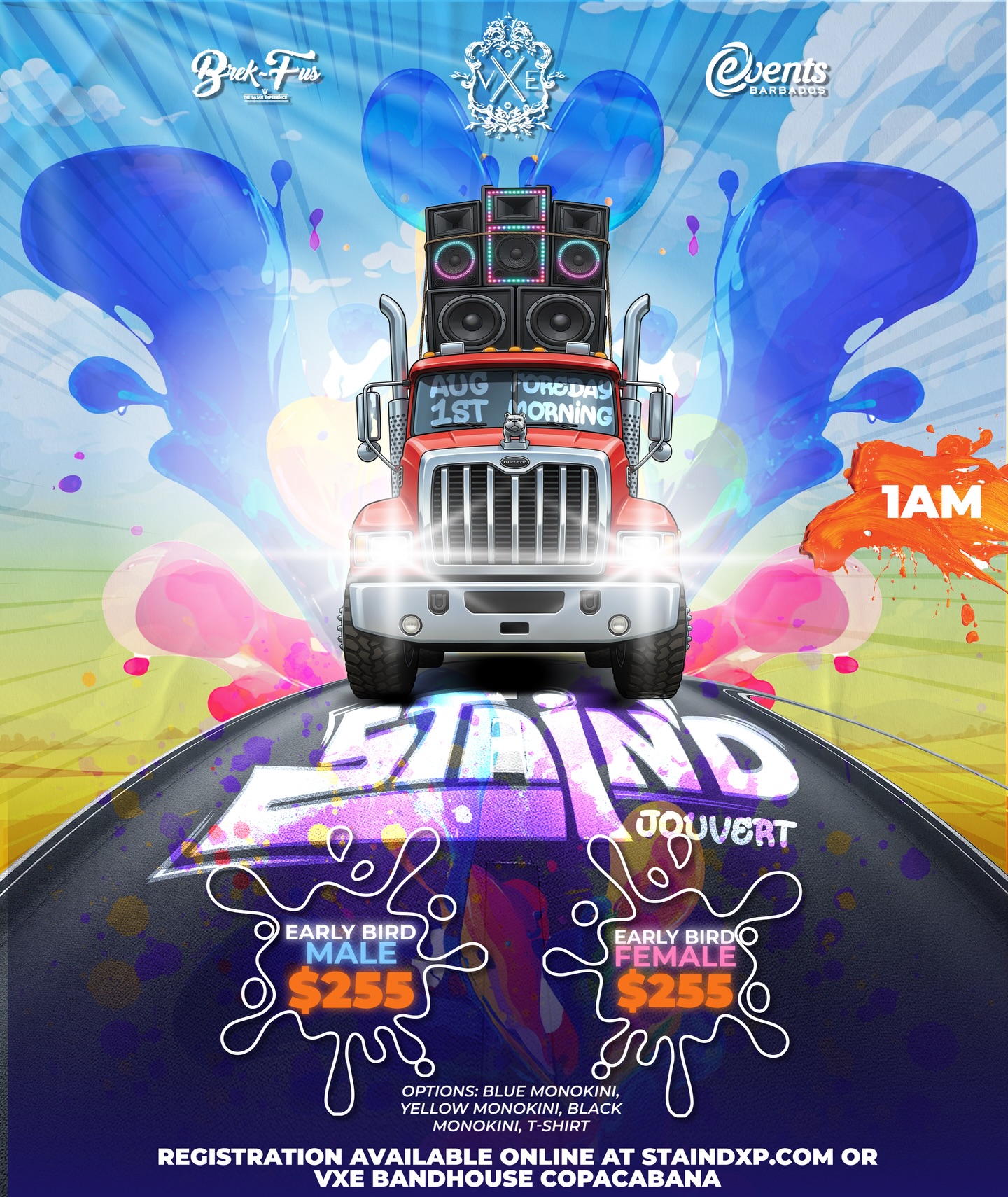 Foreday morning we touch road loud, wild, and dripping in vibes ๐๐ฅ
๐ EARLY BIRD: $255 BBD (Male & Female)
๐ Male: T-shirt option
๐ Female: Blue, Yellow, Black Monokini or T-shirt
๐ August 1st | FOREDAY MORNING ๐ฆ๐จ
โฐ 1AM
๐ Secret route ๐
Spots limitedโฆ donโt get left clean ๐
You ready to get STAINโD? ๐๐ฅ
Register now ๐๐ www.staindxp.com or VXE Bandhouse Copacabana