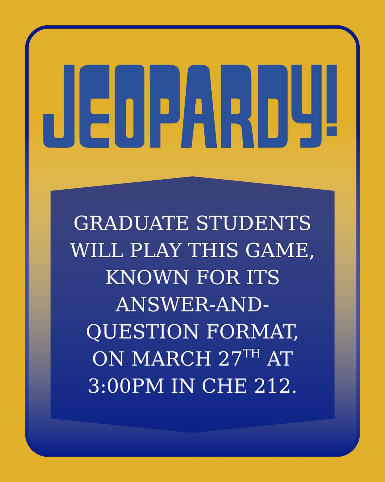 Attention graduate students: our next event is this Friday at 3pm. Bring your game face to CHE 212 to play a game of linguistics-themed Jeopardy!
#gradlife #ucalgary #ucalgarylinguistics #gradschool #jeopardy