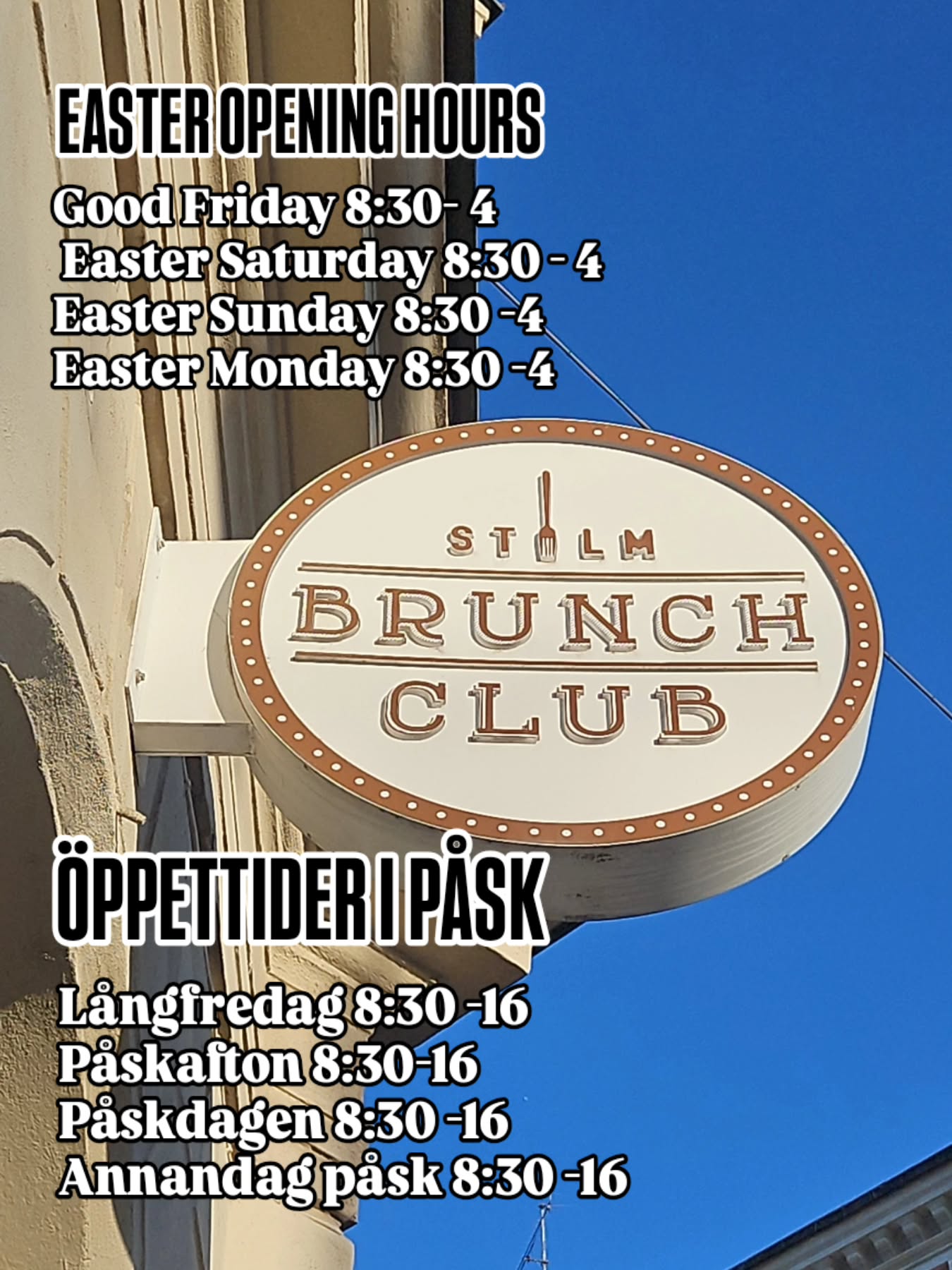 YES!! We are open all easter! 🐰🐣 ☝️ When? 8:30 -16, Friday through Monday, after that back to regular degular hours. Walk in only🚶♂️, it usually gets busy around 10 but sometimes you guys are early birds and we're full at 8:45 😅 BUT!! Our heates and covered outside space is opening today 🙌 which means MORE SEATING!! But yeah, come before 10 to avoid the lunch rush, or sleep in and rock up after 14:30 for some afternoon brunch vibes 🤗 We're cooking up that good food until 16!